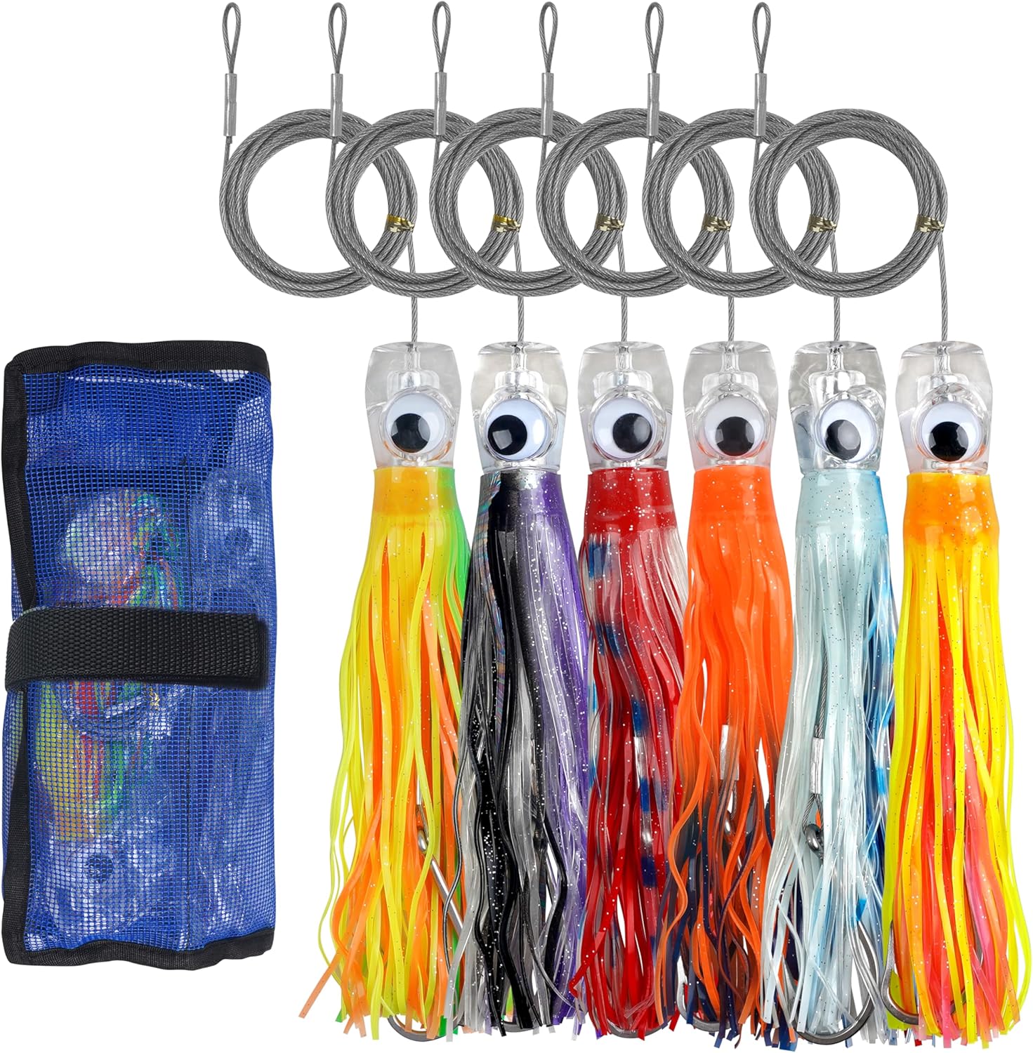 Saltwater Fishing Lures 6/9inch Trolling Lures for Marlin Mahi Tuna Dolphin Shark Big Game Deep Sea Fishing Baits Squid Skirts Rigged Hooks Ocean Gear Tackle