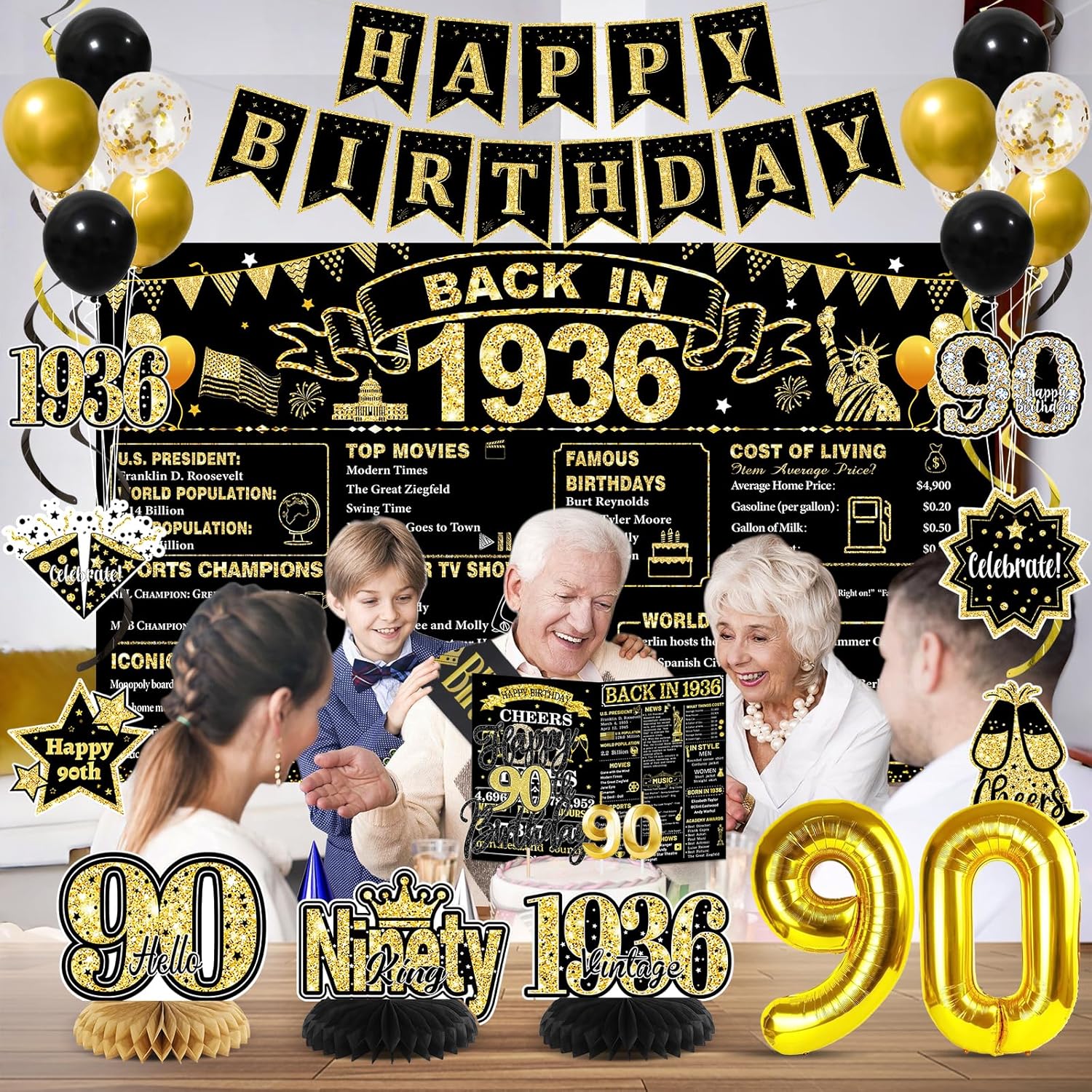 90th Birthday Decorations for Men, Black Gold Back in 1936 Party Supplies Kit with Banner, Backdrop, Sash, Balloons, Cake Topper & Honeycomb Centerpieces, Happy 90 Year Old Birthday Decorations