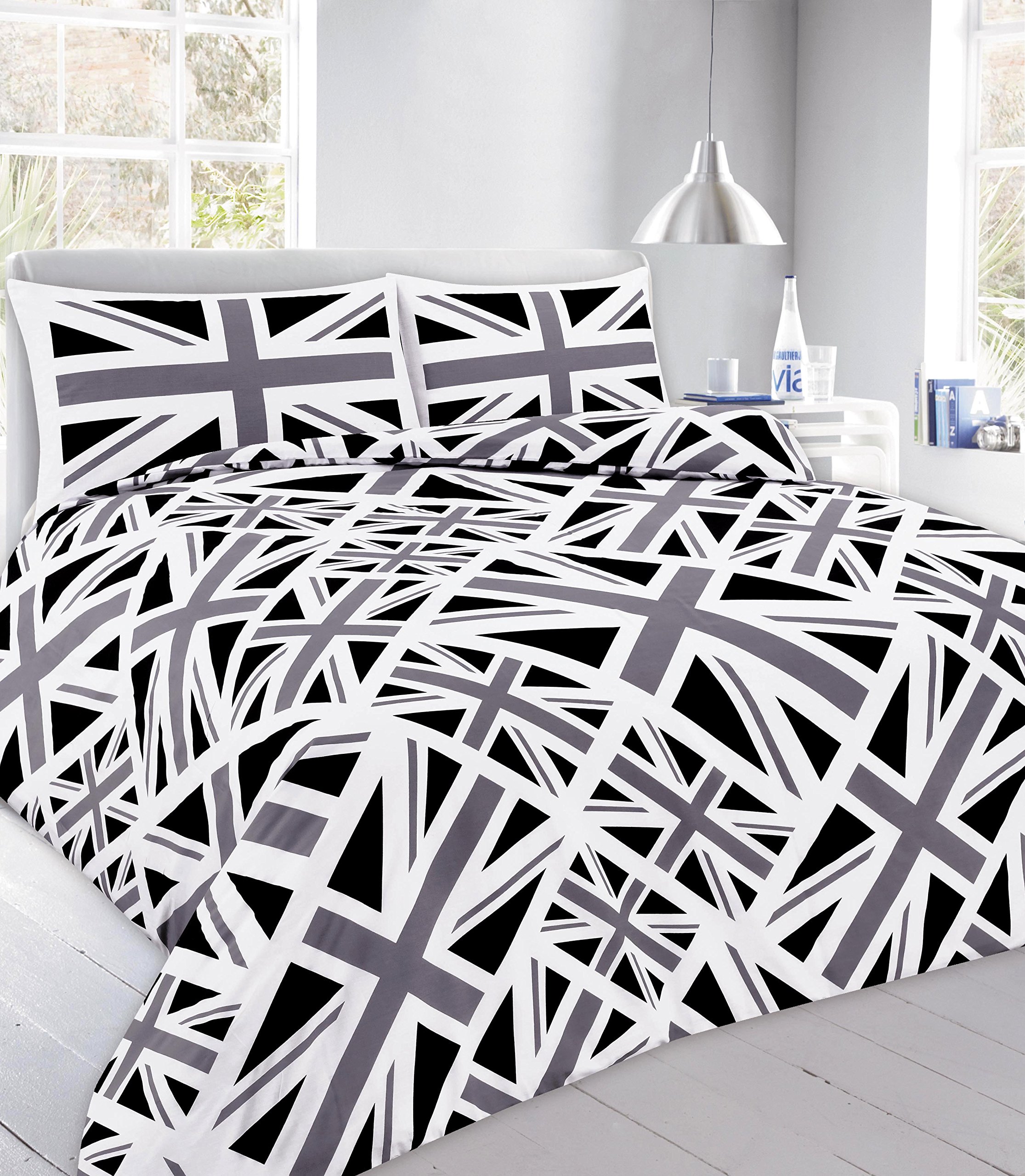 Goldstar® Union Jack Quilt Cover Bed Linen Floral Duvet Cover Bedding Set with Pillow Case (Single, Union Jack Black)