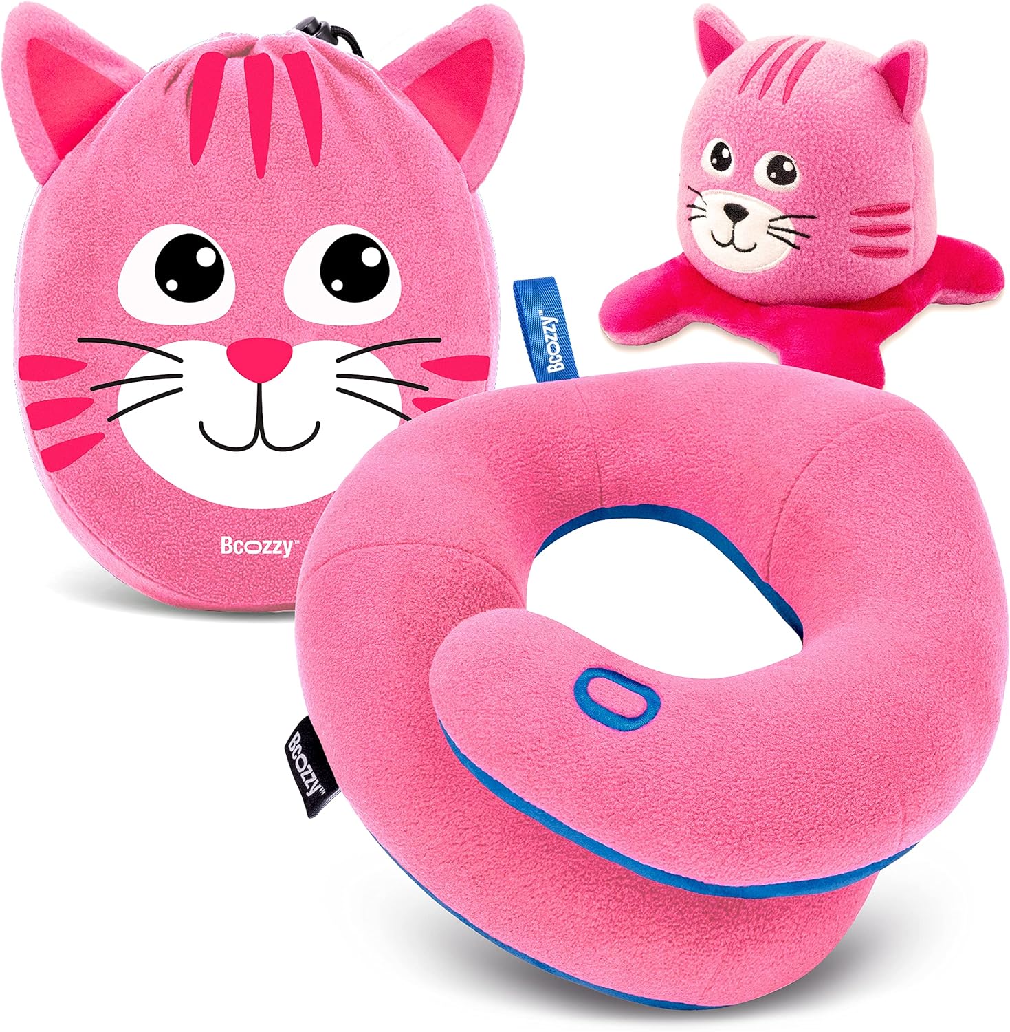 BCOZZY Kids Chin Supporting Travel Pillow for 3-7 Y/O- Stops the Head from Falling Forward- Comfortable Road Trip Essential. Soft, Washable, Small Size, Pink, Cat Bag and Cat Moodizz