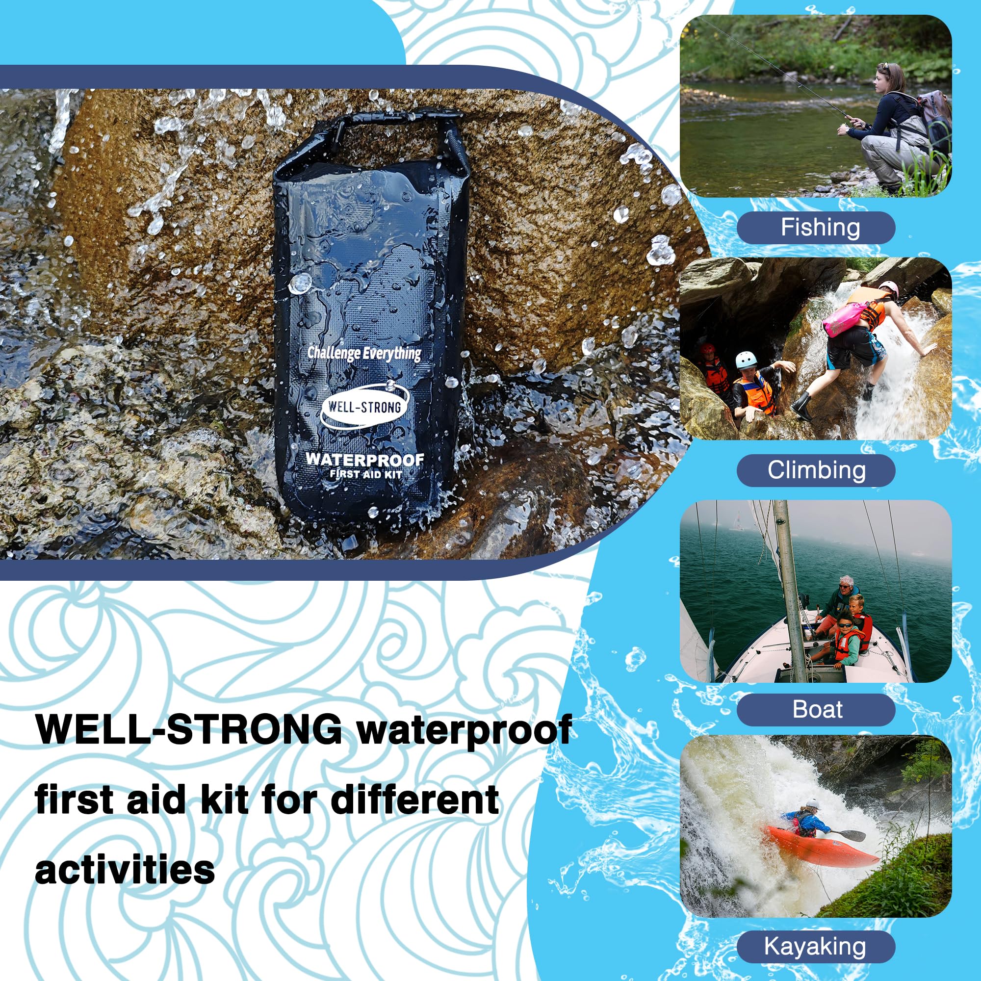 Wasserdichtes Erste-Hilfe-Set Roll-Top-Boot-Notfall-Set mit wasserdichtem Inhalt für Angeln, Kajakfahren, Bootfahren, Schwimmen, Camping, Rafting, Strand, Schwarz
