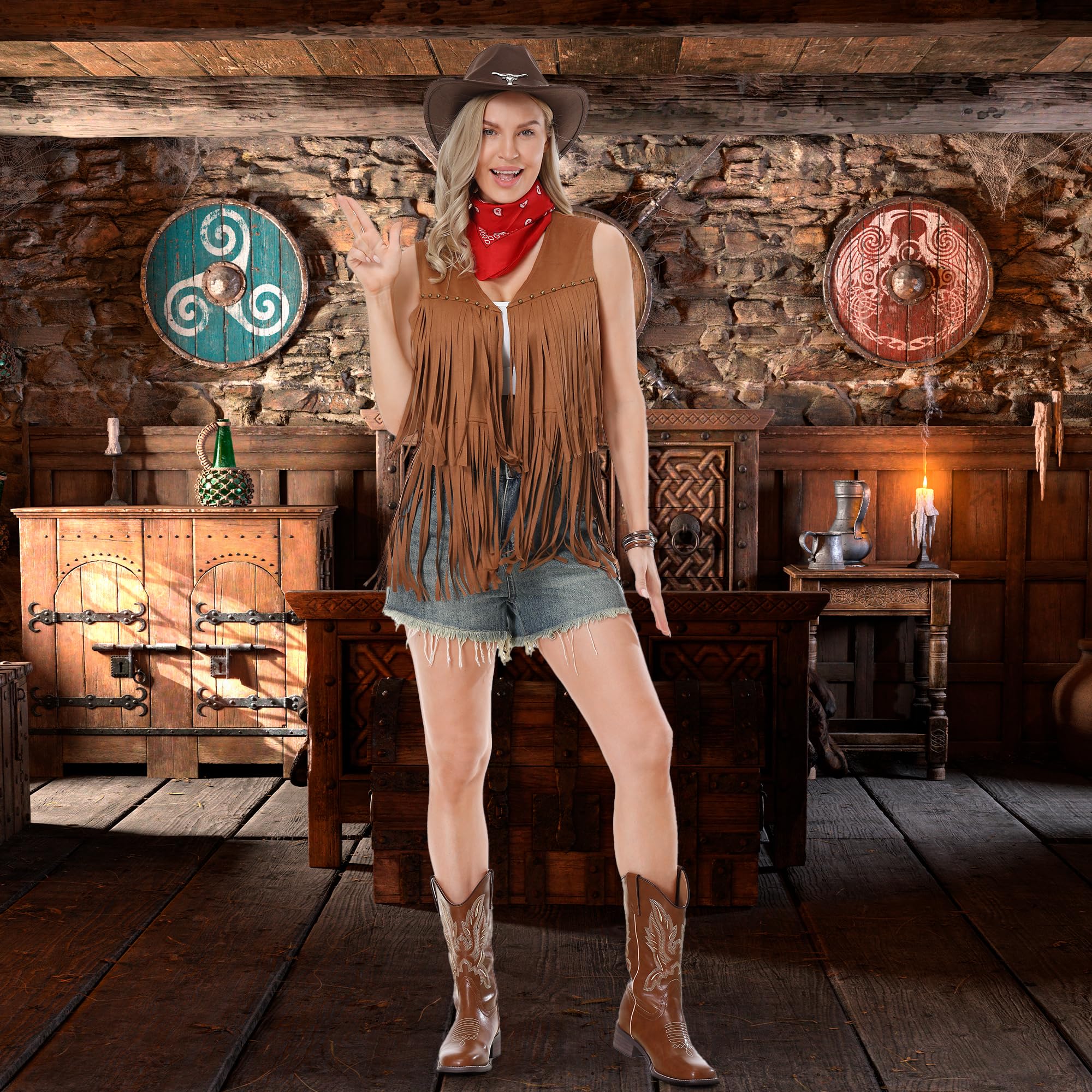 Disfraz Vaquera Mujer, Disfraz Cowboy Adulta, Chaleco de Vaquera Hippie, con Pulsera Sombrero Bufanda