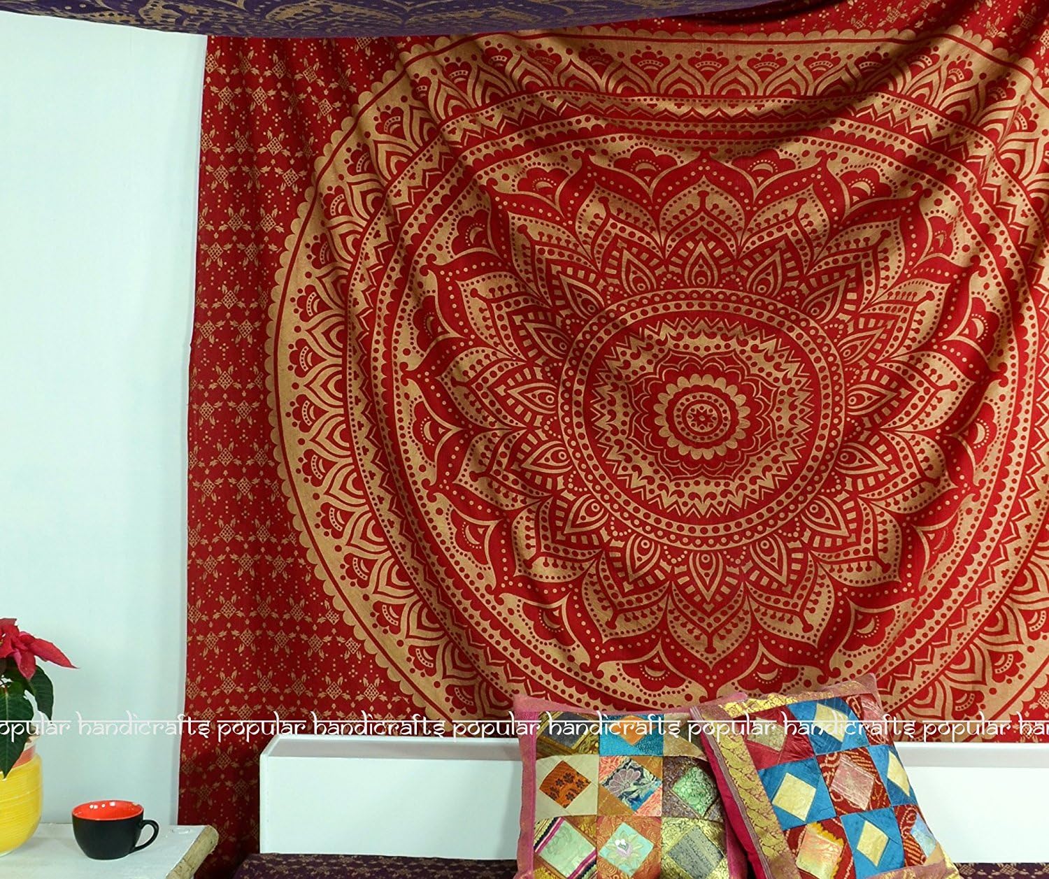 Popular Handicrafts Tapestry Wall Hanging Hippie Ombre Mandala Bohemian HippyMetallic Shine Intricate Indian Tapestries Bedspread 84 x 90 Inches (215cm x 230cm) Red Yellow