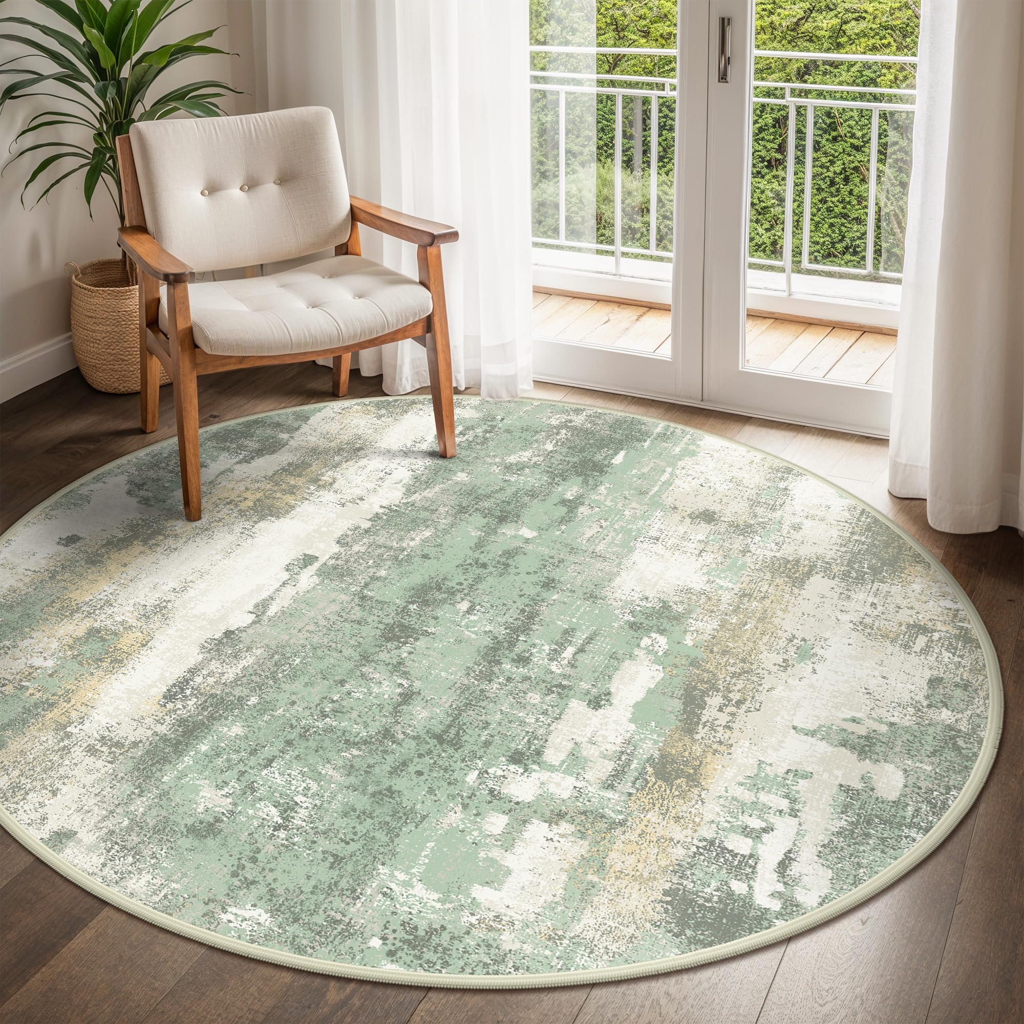 Photo 1 of BEIMO Round Rugs 5FT for Living Room Bedroom, Modern Abstract Machine Washable Circle Rug, Soft Low Pile Floor Cover with Non Slip Backing for Dining Room, Light Green