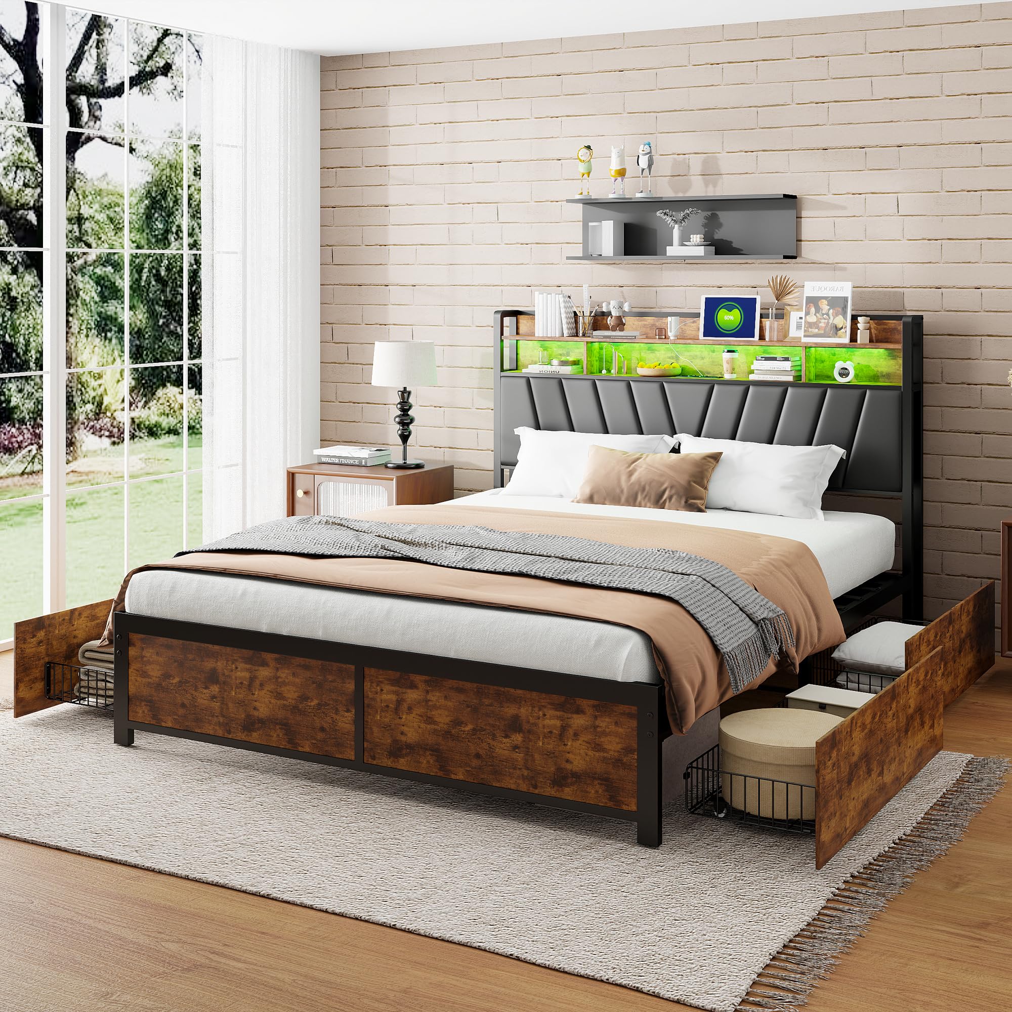 Letto Matrimoniale 140x200 In Metallo Con LED RGB, Multipresa (2AC+2USB), Testiera Imbottita E Contenitore