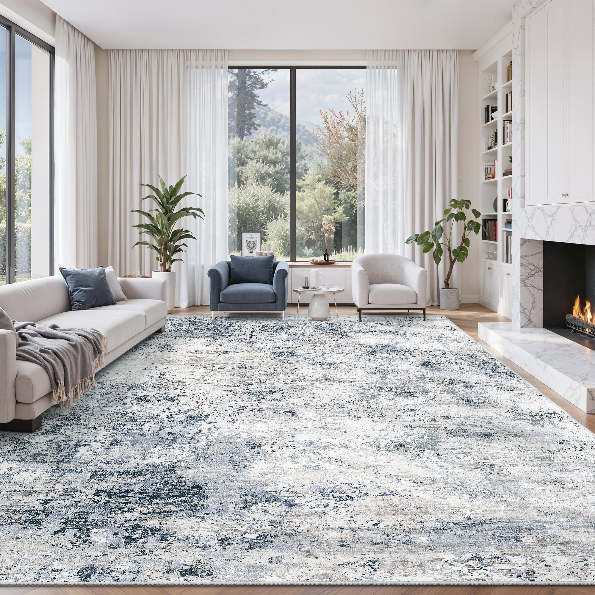 Living Room Area Rugs, 8x10 Abstract Large Washable Rug Neutral Modern Low Pile Carpet for Bedroom Foldable Soft Rug for Dining Room Farmhouse Home