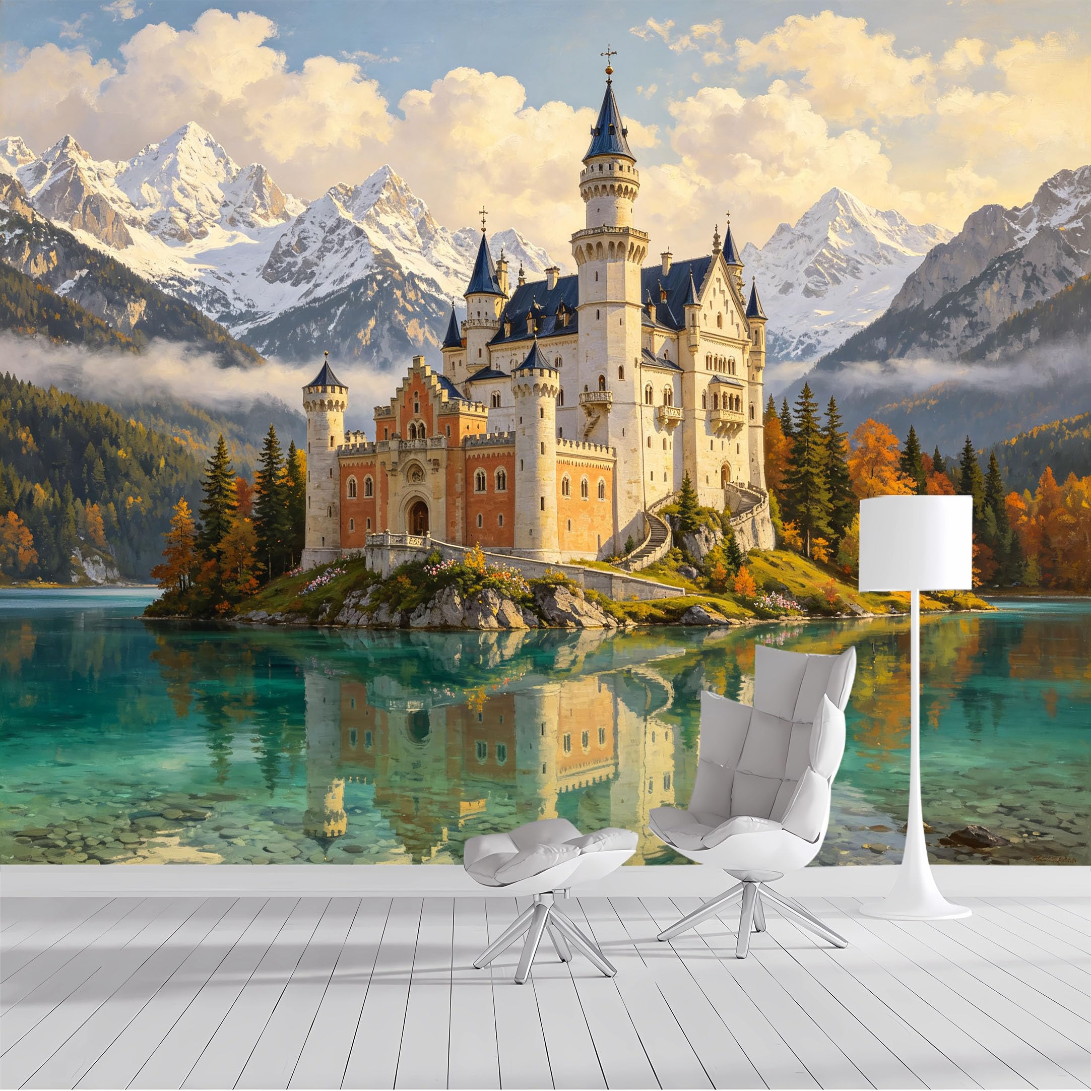 Custom Size Wall Mural Alpine Castle Lake European Classic SelfAdhesive Wall Fabric Removable Peel and Stick Wallpaper Wall Decor for Living Room Bedroom Bathroom