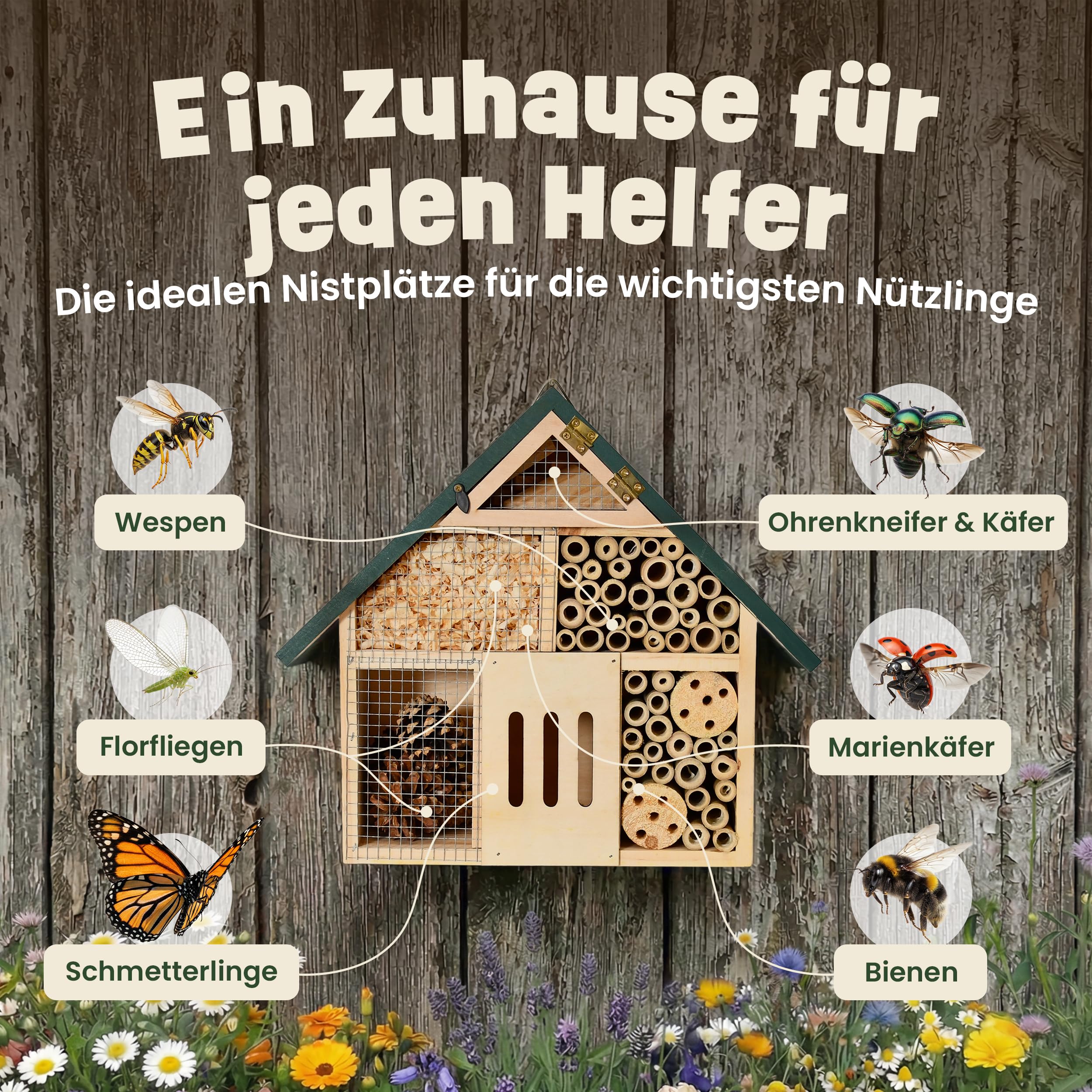 zooprinz Insektenhotel kompakt aus Holz 28,5 cm grünes Dach | Wetterfestes Insektenhaus und Bienenhotel, Nisthilfe mit Bambus-Röhrchen für Wildbienen, Garten und Balkon