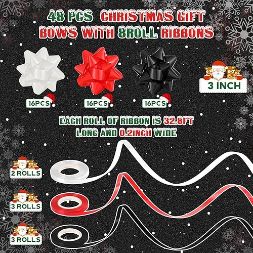 Miniatura 2 de Riceshoot 48 lazos de regalo autoadhesivos de Navidad con 8 rollos de cintas rizadoras de 3 pulgadas, lazos metálicos de Navidad para regalo de