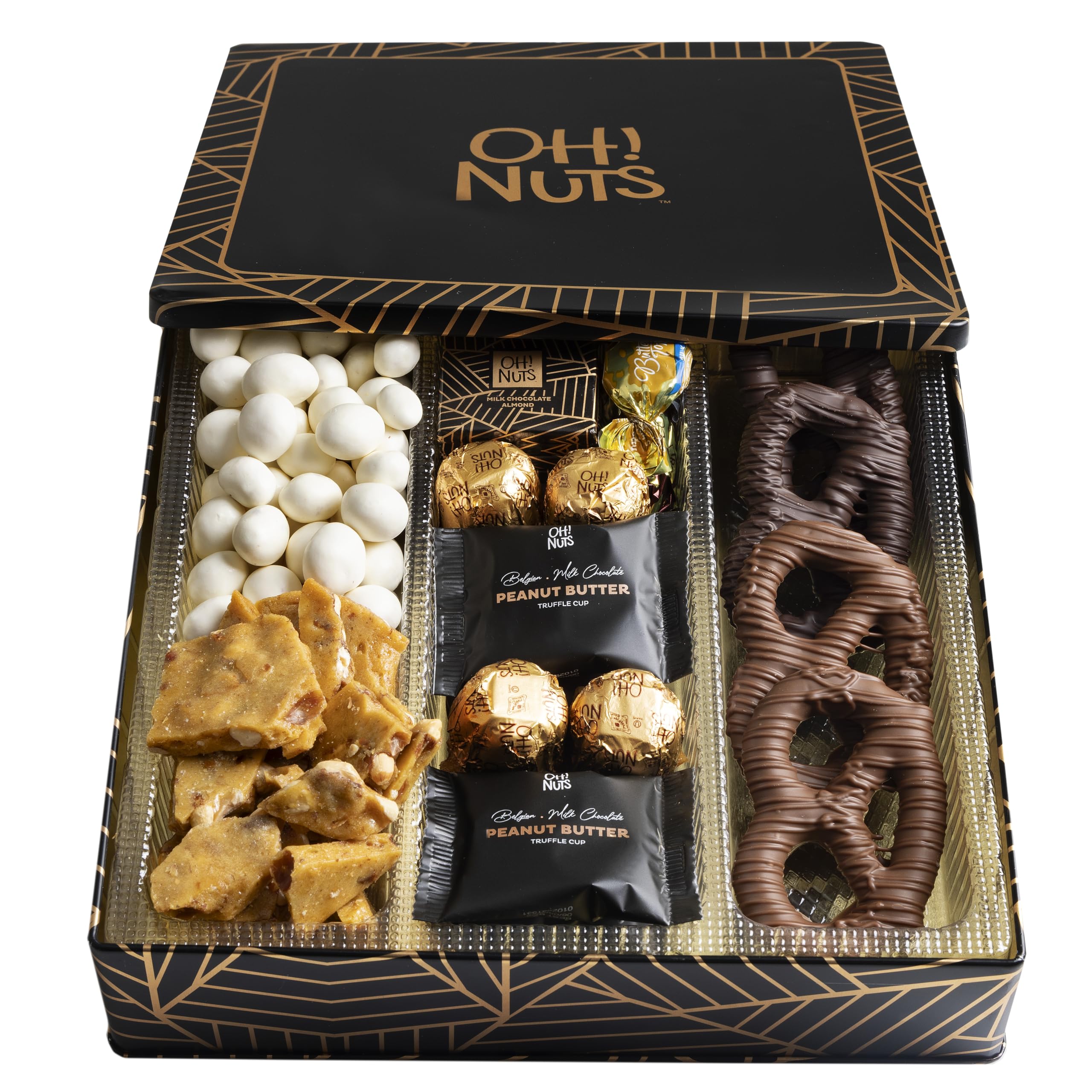 Oh! Nuts Chocolate Gift Basket - 6 Section Candy Square Metal Tin Box - Gourmet Assorted Chocolate Gifts Baskets - Healthy Chocolate Gifts Box for Birthday, Holiday, Corporate, Family, Men & Women