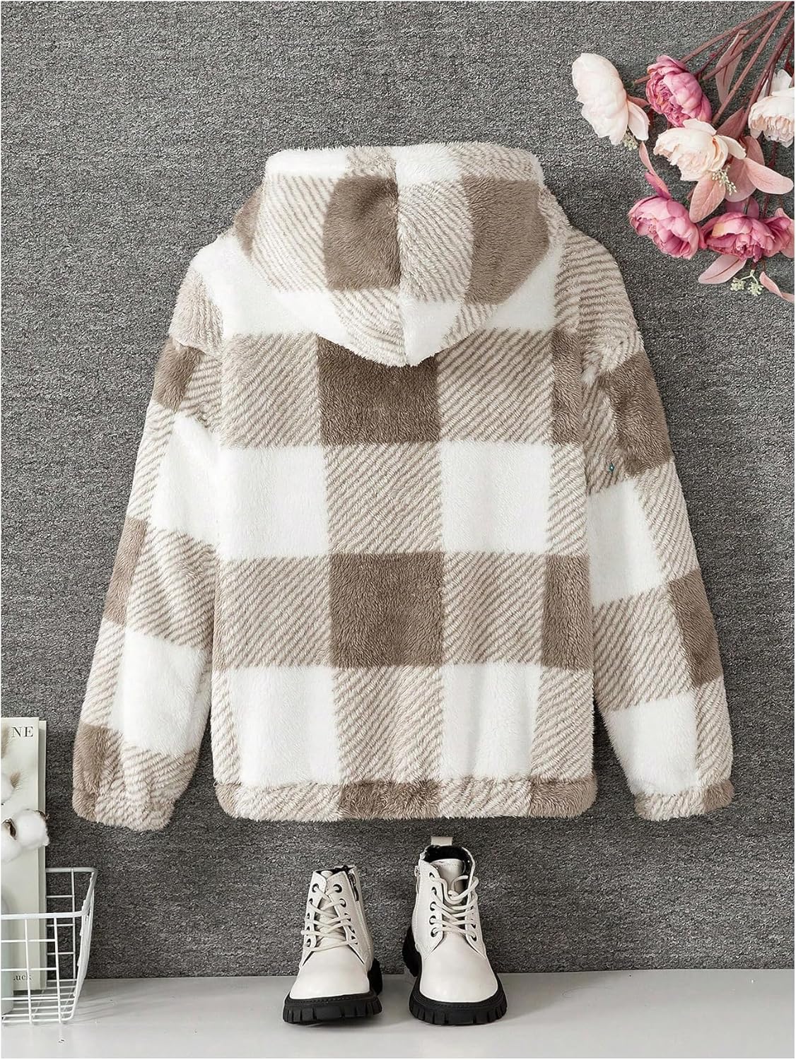SweatyRocks Girl's Plaid Fuzzy Zip Up Hooded Jackets Casual Color Block Long Sleeve Jacket Outwear - Image 2
