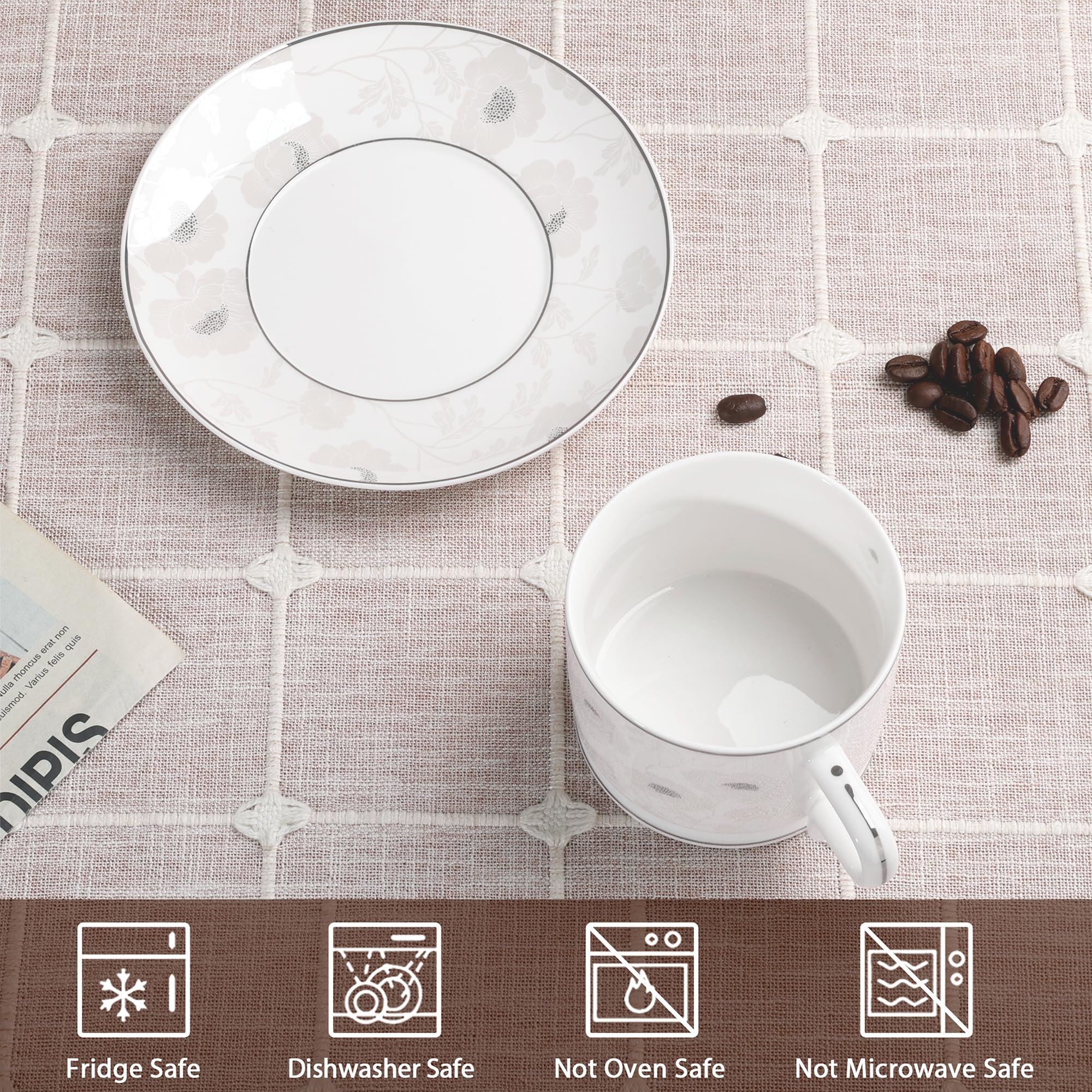 fanquare Srebrny zestaw filiżanek do herbaty z kwiatami i spodkami, zestaw 6 eleganckich brytyjskich filiżanek do kawy, porcelanowe filiżanki do herbaty, prezent na popołudniowe przyjęcie herbaciane
