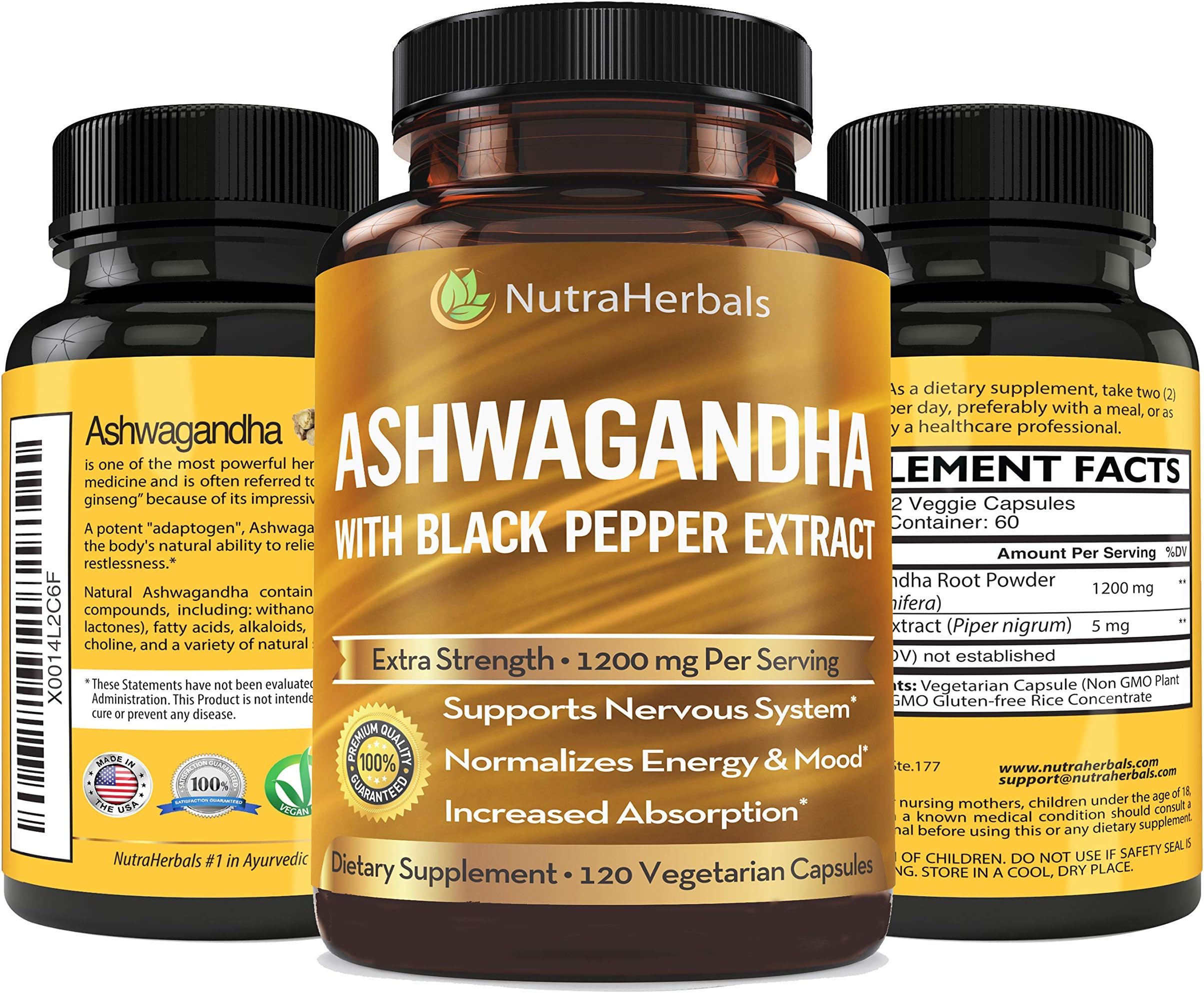 Ashwagandha Supplement Made with Organic Ashwaganda Root Powder 1200mg with Black Pepper Extract for Increased Absorption - 3 Pack