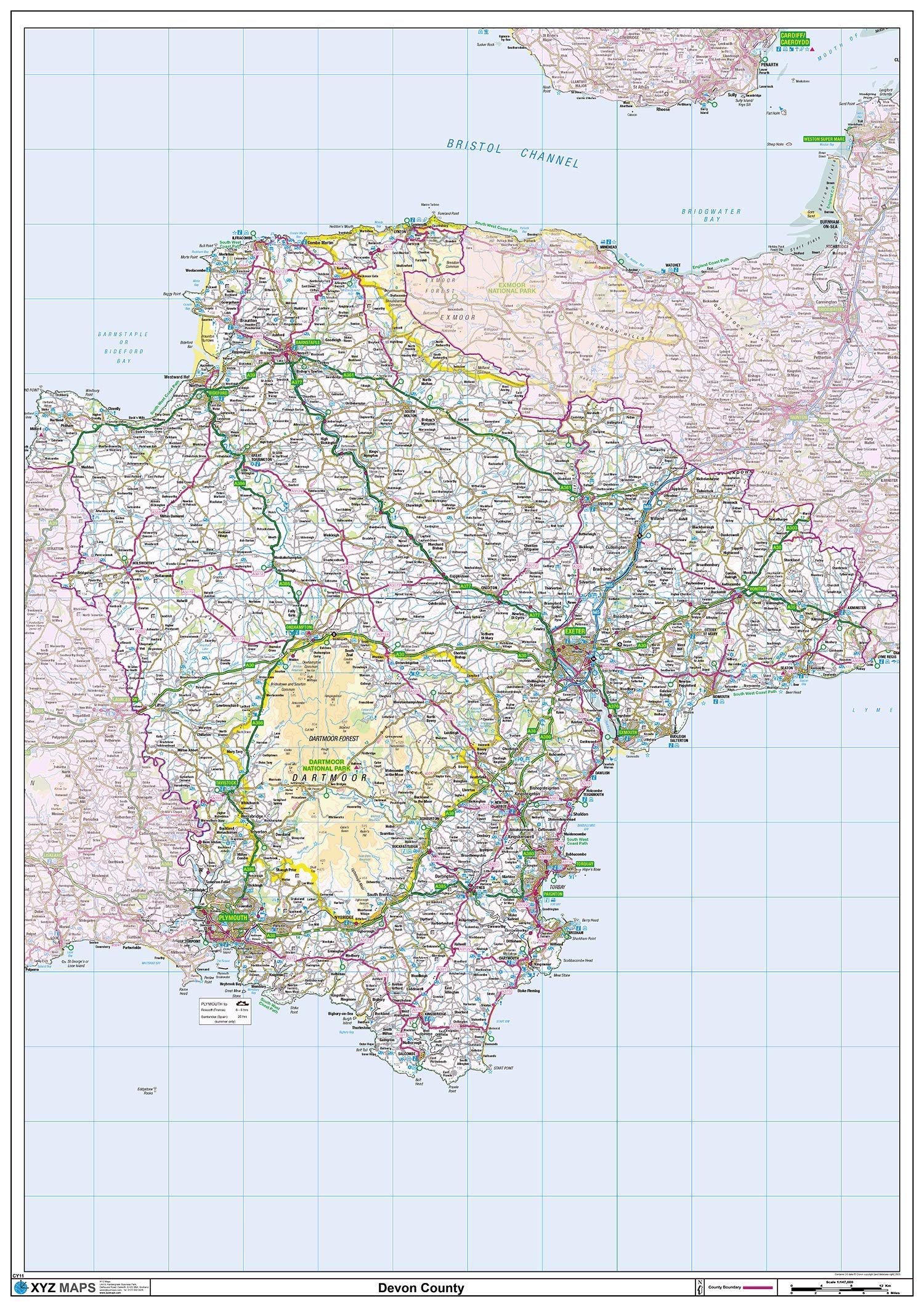 Devon County Map-Plastic Coated