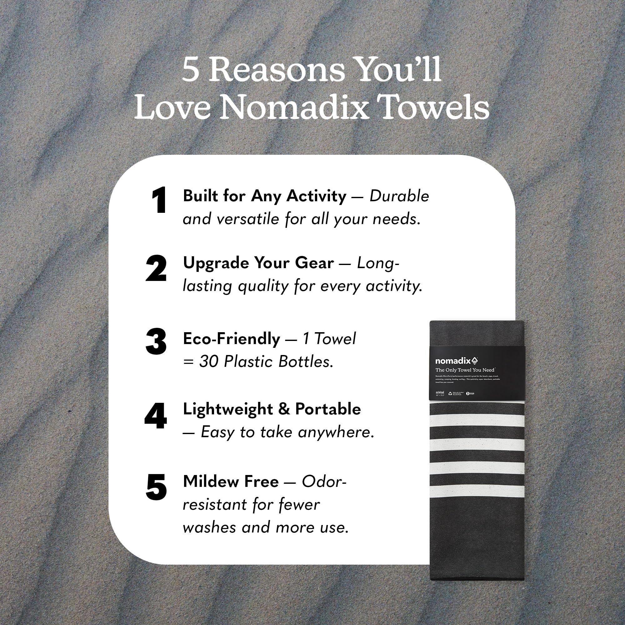 Nomadix Original-Handtuch, perfekt für Strand, Pool, Reisen, Camping, Yoga, aus recycelten Materialien, super saugfähig, sandabweisend, schwarz, 72,5 x 30 cm
