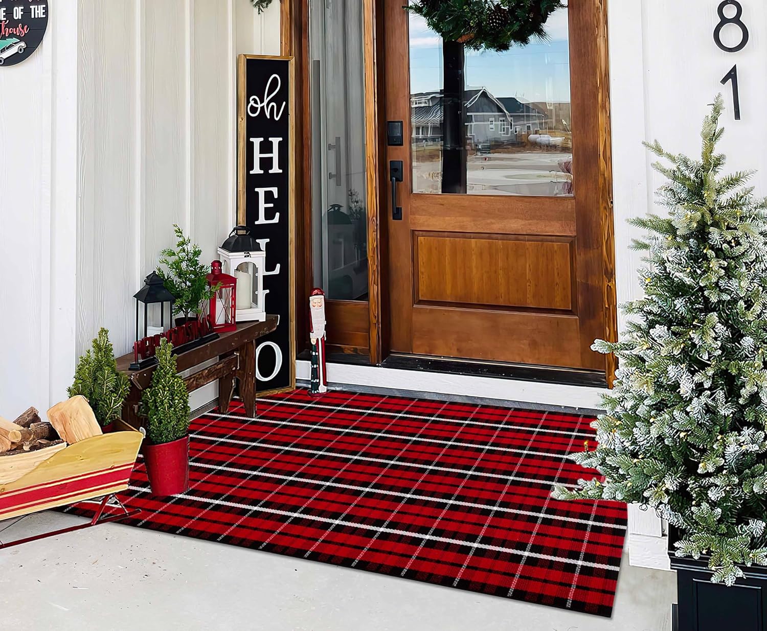 Christmas Outdoor Rugs 3' x 5'Red Black Buffalo Plaid Front Porch Rug Hand-Woven Machine Washable Indoor/Outdoor Layered Door Mats for Entryway/Bedroom/Outdoor