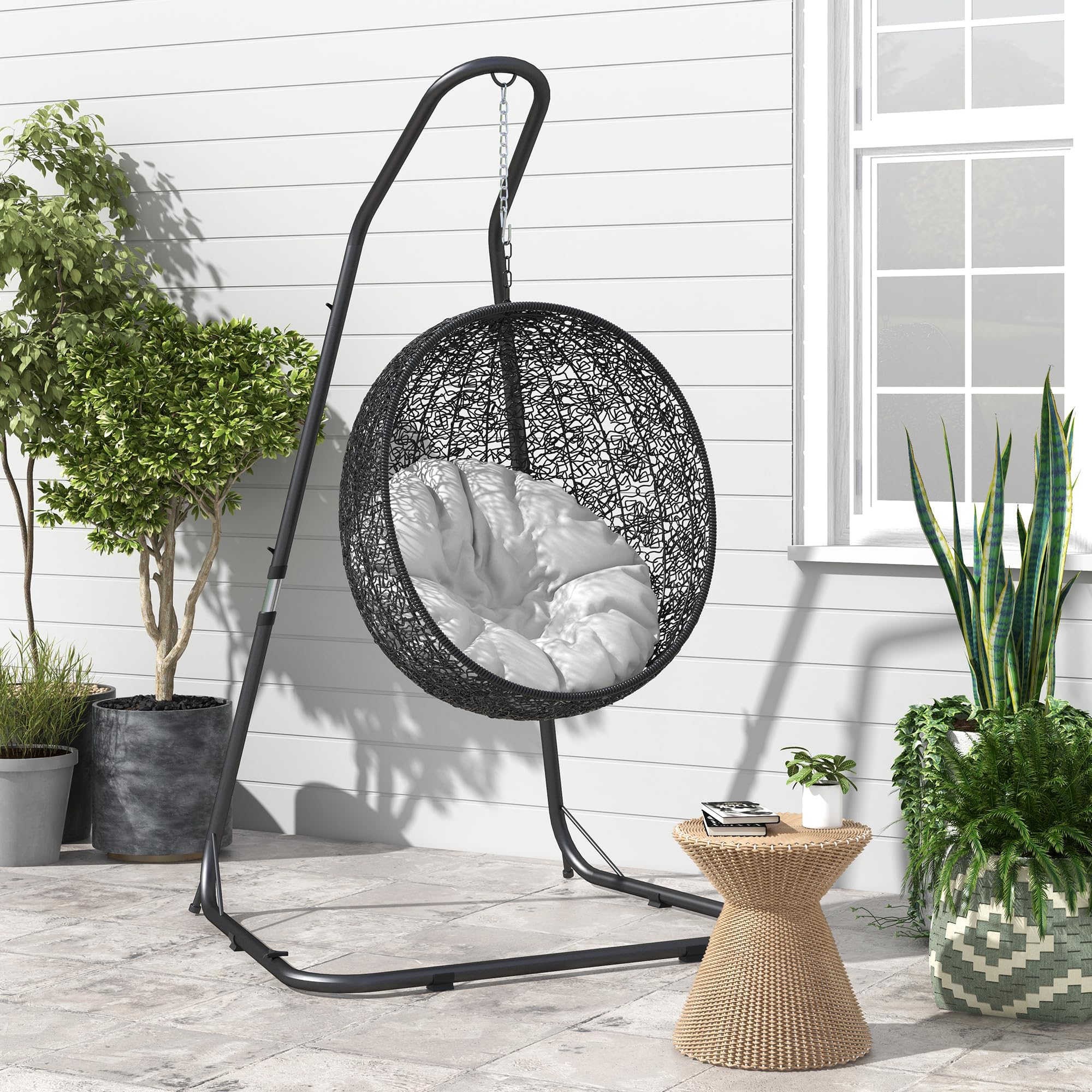 Outsunny Hängestuhlgestell Hängesesselgestell Höhenverstellbarer Ständer für Hängestuhl bis 150 kg Belastbar für Garten, Balkon, Metall, Schwarz, 133 x 116 x 195/230 cm