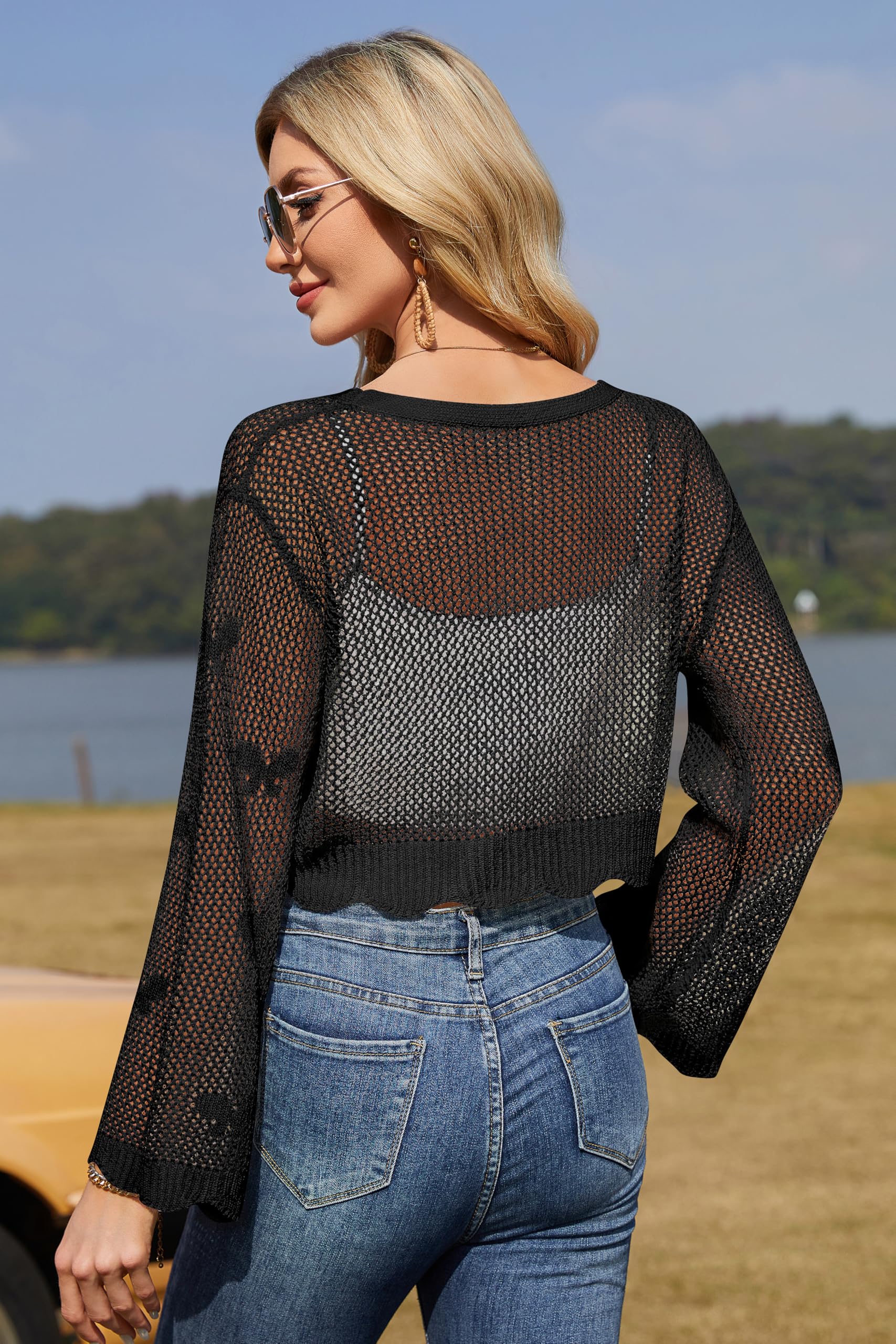 Cardigan d'été festif pour femme avec nœud sur le devant, manches longues, crochet, col en V, manches évasées, cardigan