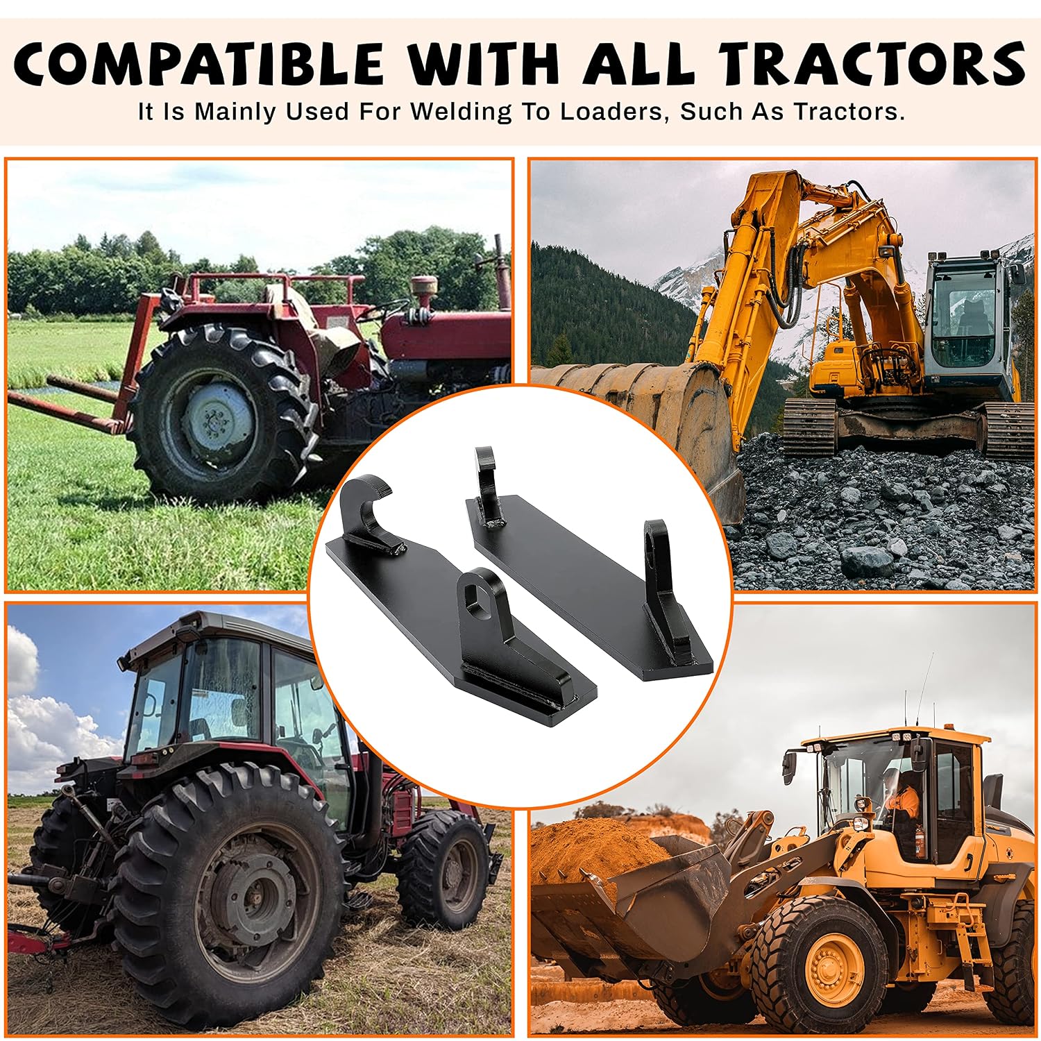 HECASA Tractor Mounting Brackets - Compatible with John Deere, Massey Ferguson, Ford, Case Loaders - Black Steel Quick Attach Adapter - Weld On Pair