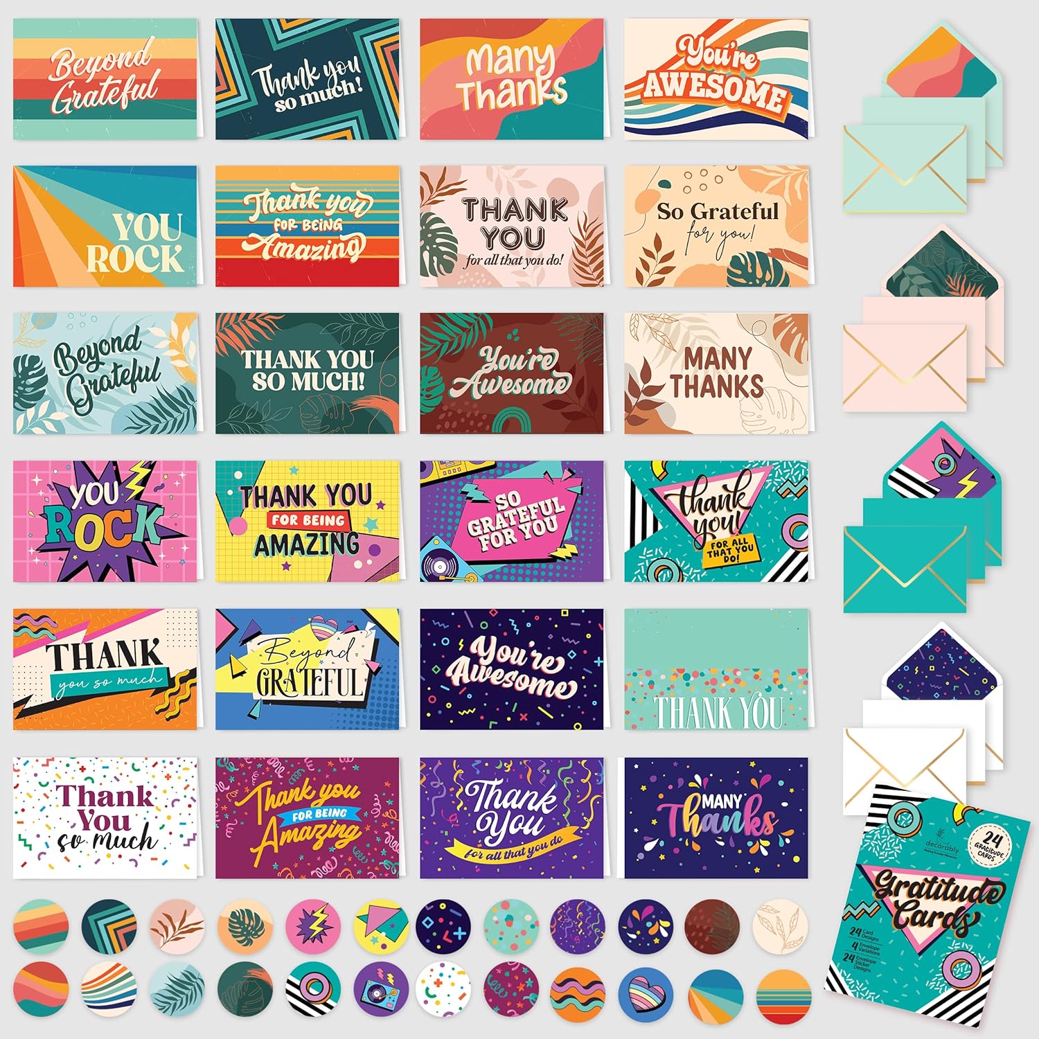 Decorably 24 Pack 6x4in Gratitude Assorted Thank You Cards Variety Pack with Envelopes and Stickers, 8 Colorful Designs for Friends, Loved Ones, Coworkers, Teachers, Blank Inside - All Occasions