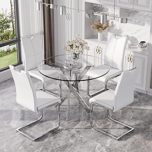 Miniatura 3 de Juego de mesa de comedor redonda moderna de vidrio de 36 pulgadas para 4, mesa de comedor de vidrio con patas cruzadas de metal, mesa de cocina con