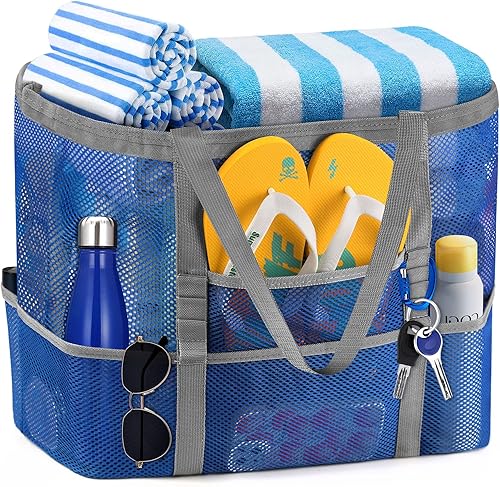 Ayieyill Bolsa de playa de malla para mujer, bolsa de playa plegable grande con bolsillos con cremallera, impermeable, a prueba de arena