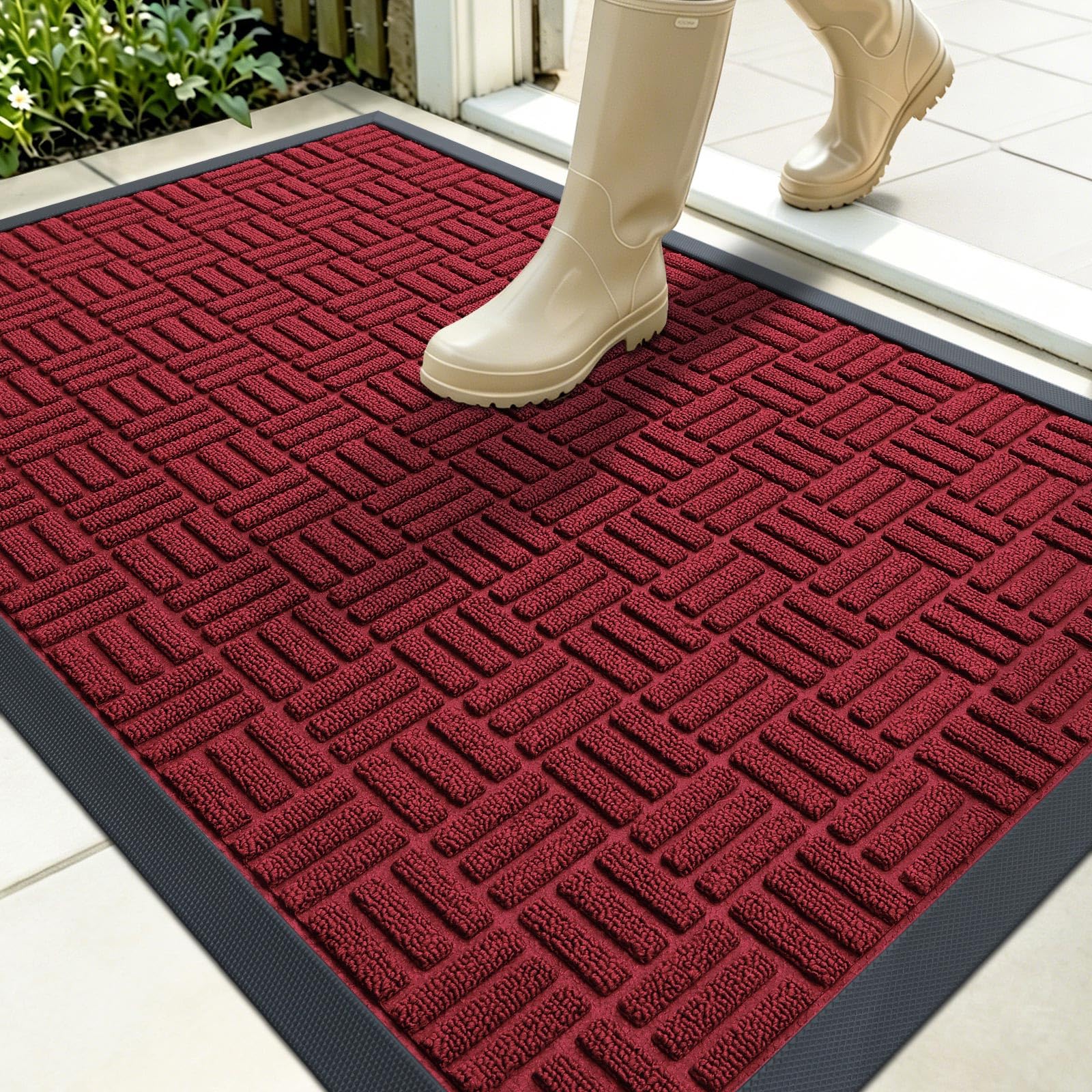 OLANLY Front Door Mat Outside Entrance 35x23, Heavy-Duty Rubber Doormat | Black Red, Stain and Fade Resistant, Non-Slip Backing, Low-Profile Indoor Outdoor Floor Mat for Entryway, Easy to Clean