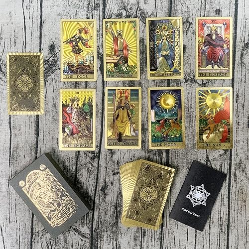 Miniatura 2 de SUNHHX Juego de 78 cartas de tarot, PVC resistente a las arrugas, de lujo, lámina dorada, clásica, con guía de adivinación para principiantes y