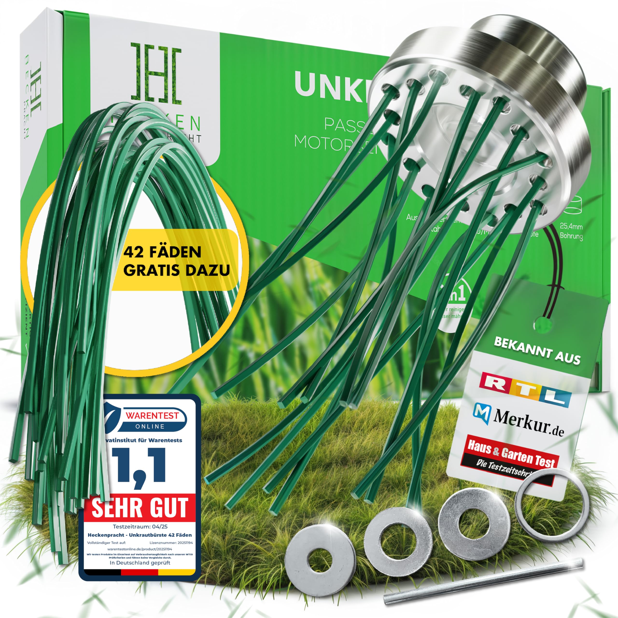 Heckenpracht® Profi Nylon Unkrautbürste für Freischneider | inkl. 42x PA 66 Nylonfäden | Wildkrautbürste für Motorsense aus Aluminium | 25,4mm Bohrung | Freischneider Zubehör