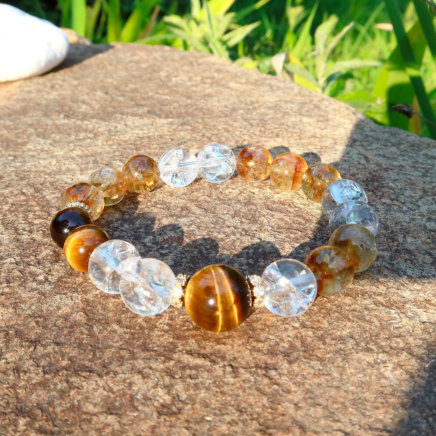 Natural Tiger Eye Citrine Azeztulite Clear Crystal Beads Bracelet, Healing Crystals Jewelry Handmade Stretch Adjustable Bangle, Gift for Him Her - Image 5