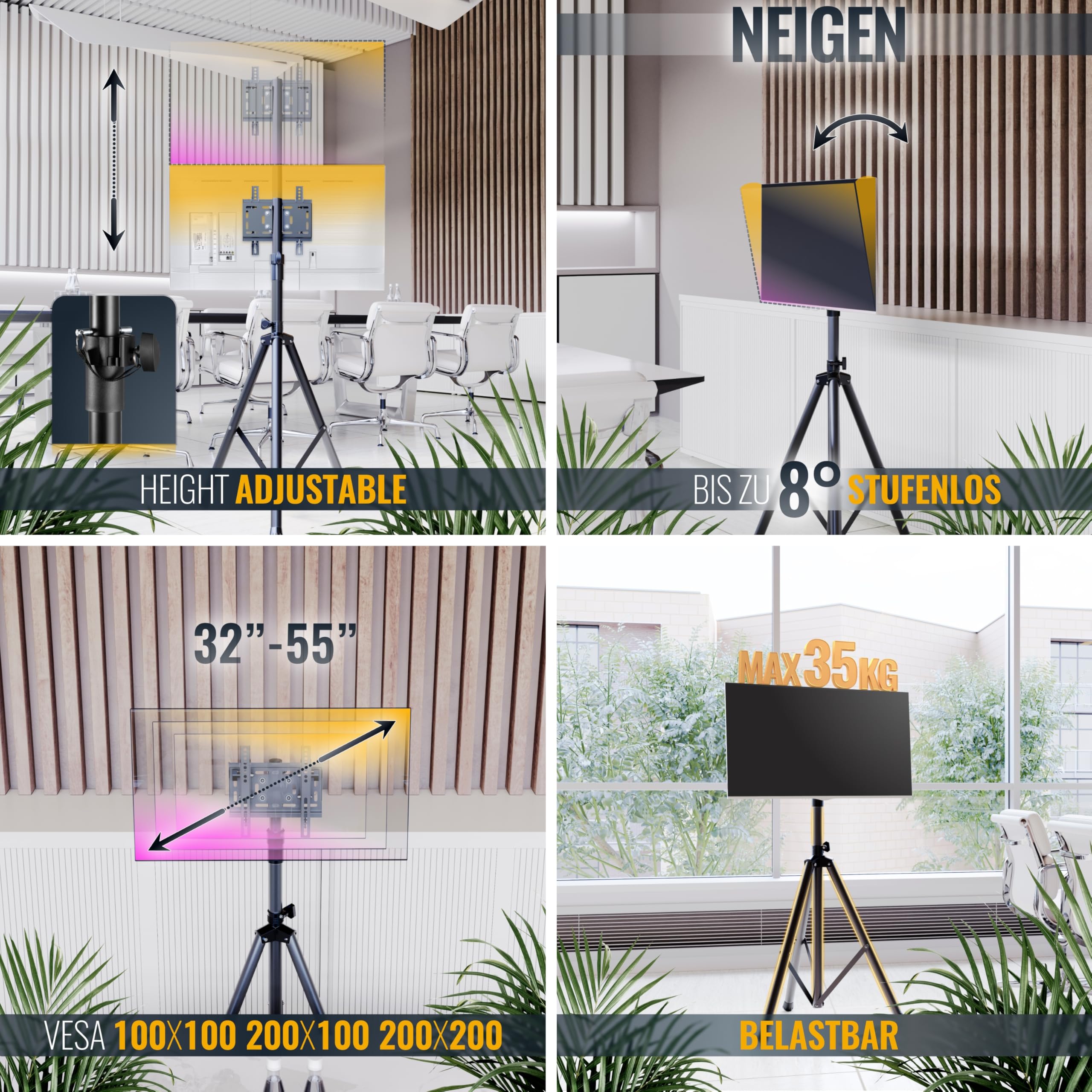 RICOO TV Boden-Ständer Fernseher Halterung Höhenverstellbar Neigbar für 32-55 Zoll Tripod Stativ Fernsehhalterung FS0822 Dreifuß Fernseh-Stand Standfuß Smart Bildschirm bis 35 Kg & VESA 200x200