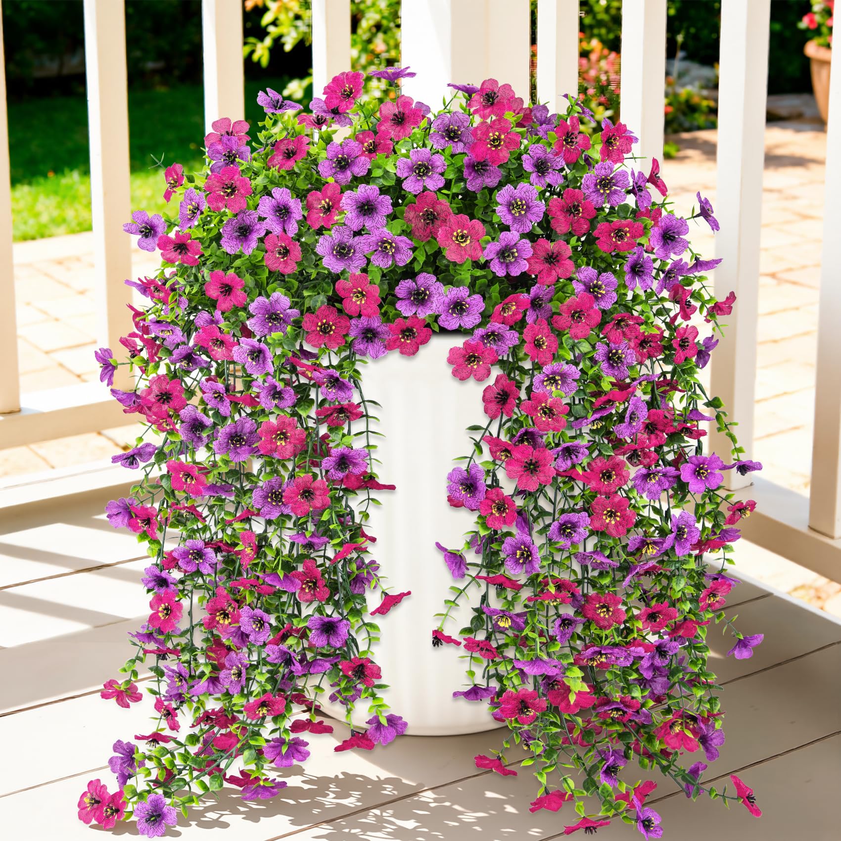 Bassion 4 Pcs Artificial Hanging Flowers for Outdoors, Purple Fuschia