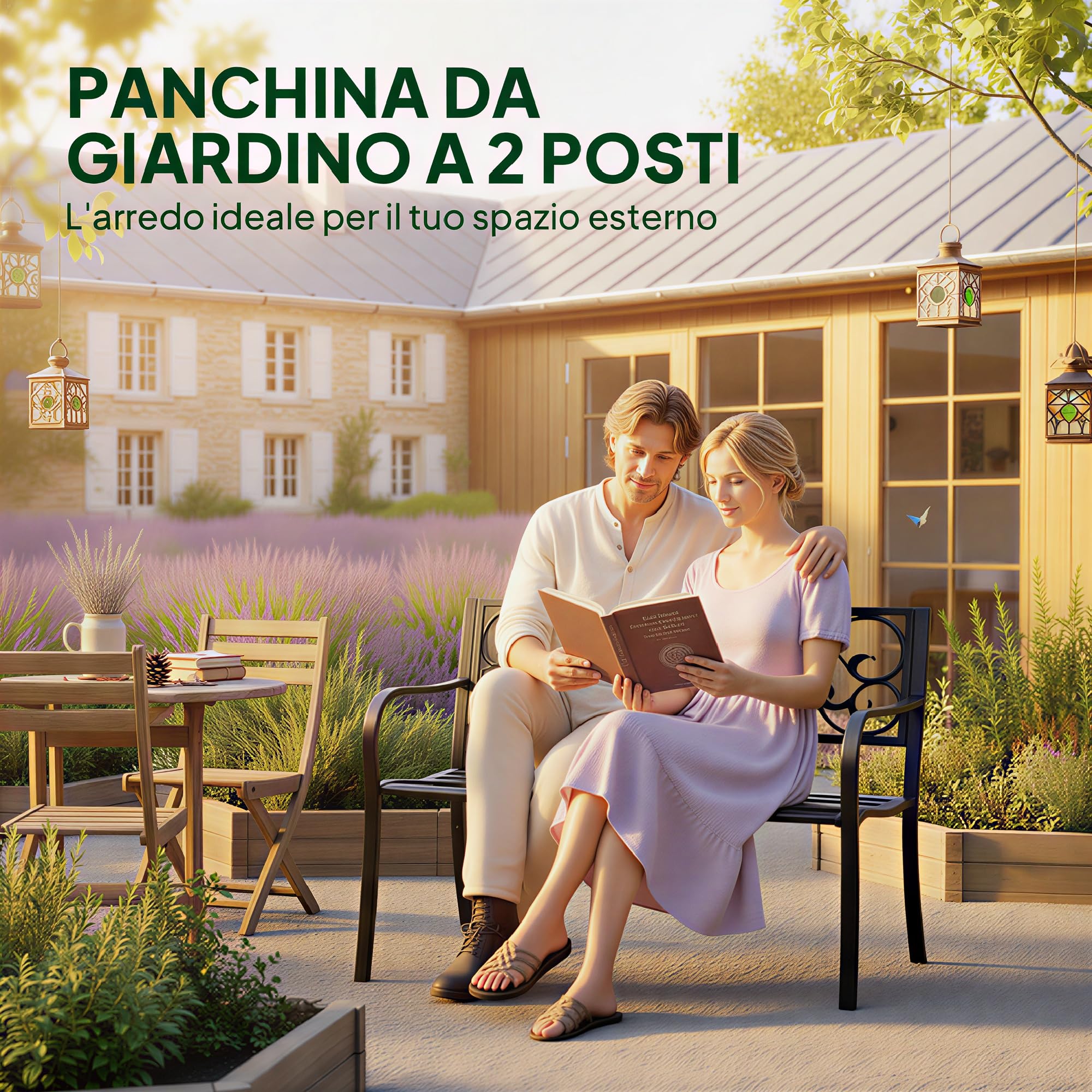 Outsunny Panchina da Esterno in Ghisa e Metallo con Schienale Alto Decorato Panchina da Giardino 2 Posti 127x60x89cm Nero