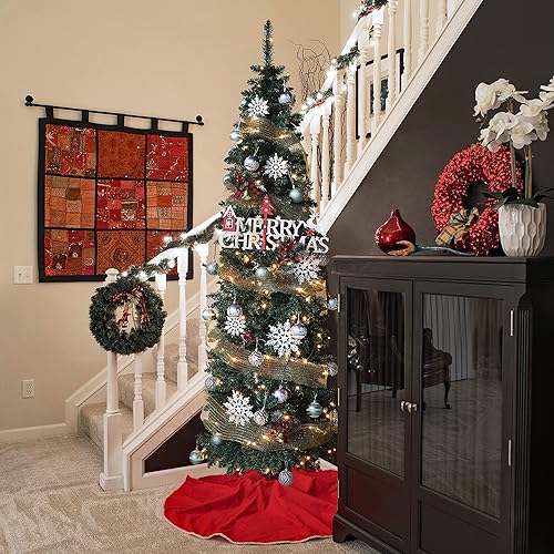 Miniatura 8 de MUPATER Árbol de Navidad preiluminado delgado de 7.5 pies con luces, árbol de Navidad artificial delgado con soporte de metal para decoración del