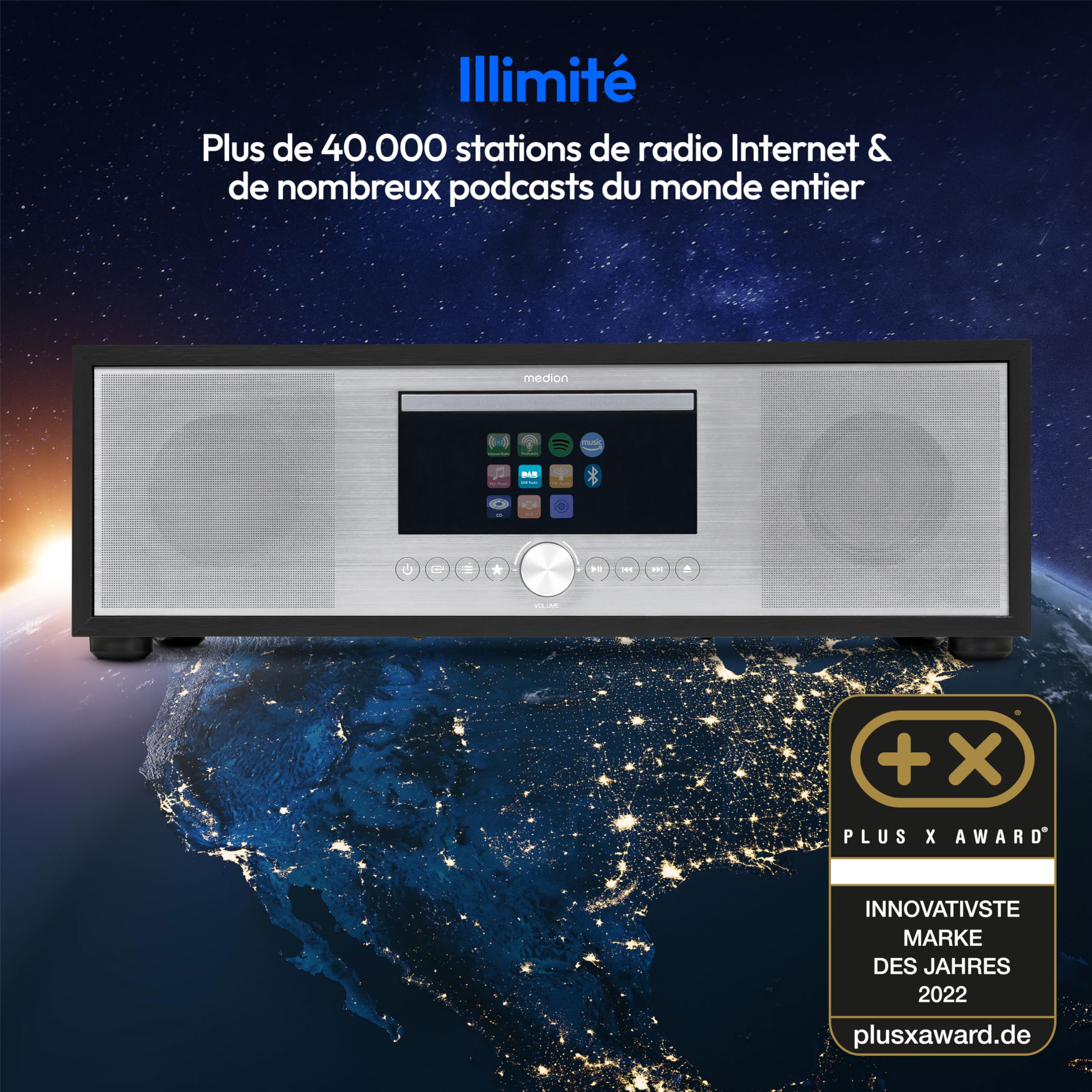 MEDION P66400 Chaîne Audio Tout-en-Un (Radio Internet, Dab+, Lecteur CD/MP3, Spotify, Amazon Music, Radio FM PLL, USB, AUX, Caisson de Basses, Réveil, Veille Automatique) Argent