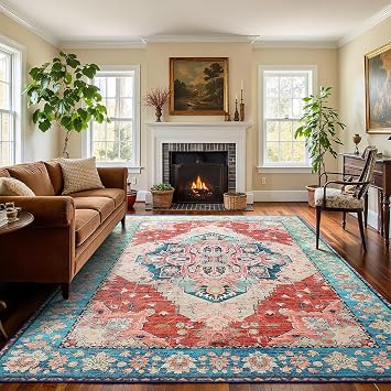 Terrug 8x10 Area Rug for Living Room, Vintage Washable Rugs with Non-Slip Backing for Bedroom, Low Pile Stain-Resistant Boho Carpet for Dinning Room Drom Farmhouse Home Decor Rust