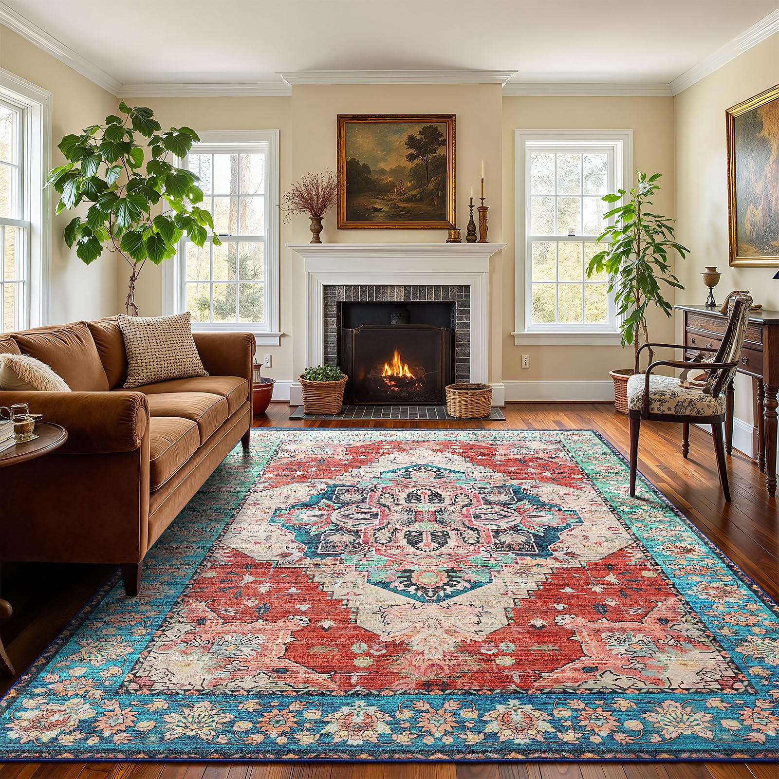 Terrug 5x7 Area Rug for Living Room, Vintage Washable Rugs with Non-Slip Backing for Bedroom, Low Pile Stain-Resistant Boho Carpet for Dinning Room