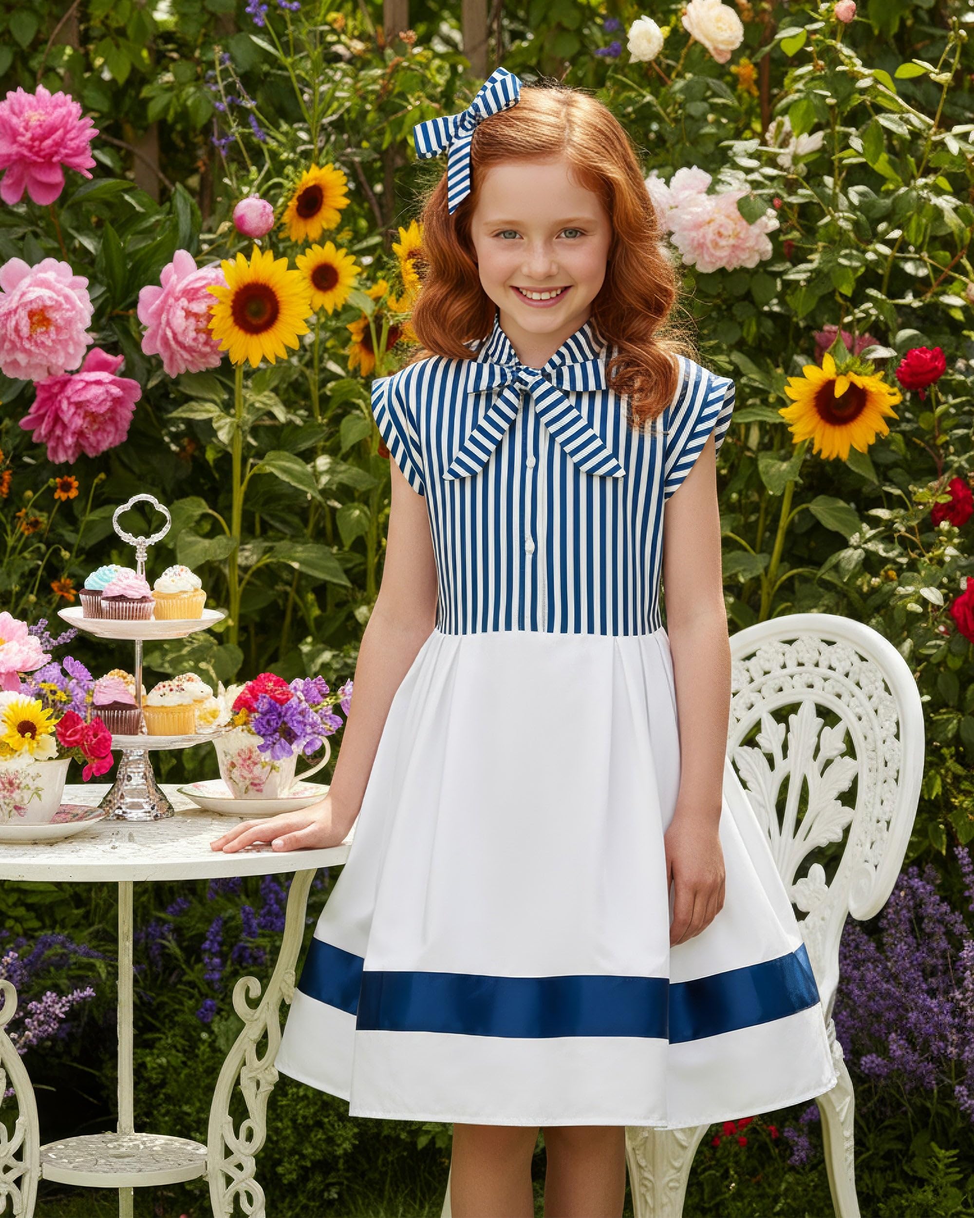 BlackButterfly Mädchen Kleid Polly Streifen Faltenrock | Zweifarbig, Schleifenkragen, Flügelärmel, Satinband am Saum, Maritim, Gefüttert, Reißverschluss hinten, 3-14 Jahre