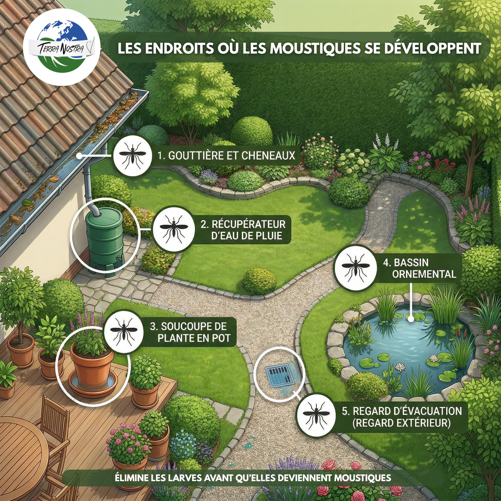TERRA NOSTRA - Anti Moustiques Larvicides - Formulé avec du BTI - Compatible Fosse Septique - Traitement Eaux Stagnantes jusqu'à 25m² - Fabriqué en France - Pot 500g