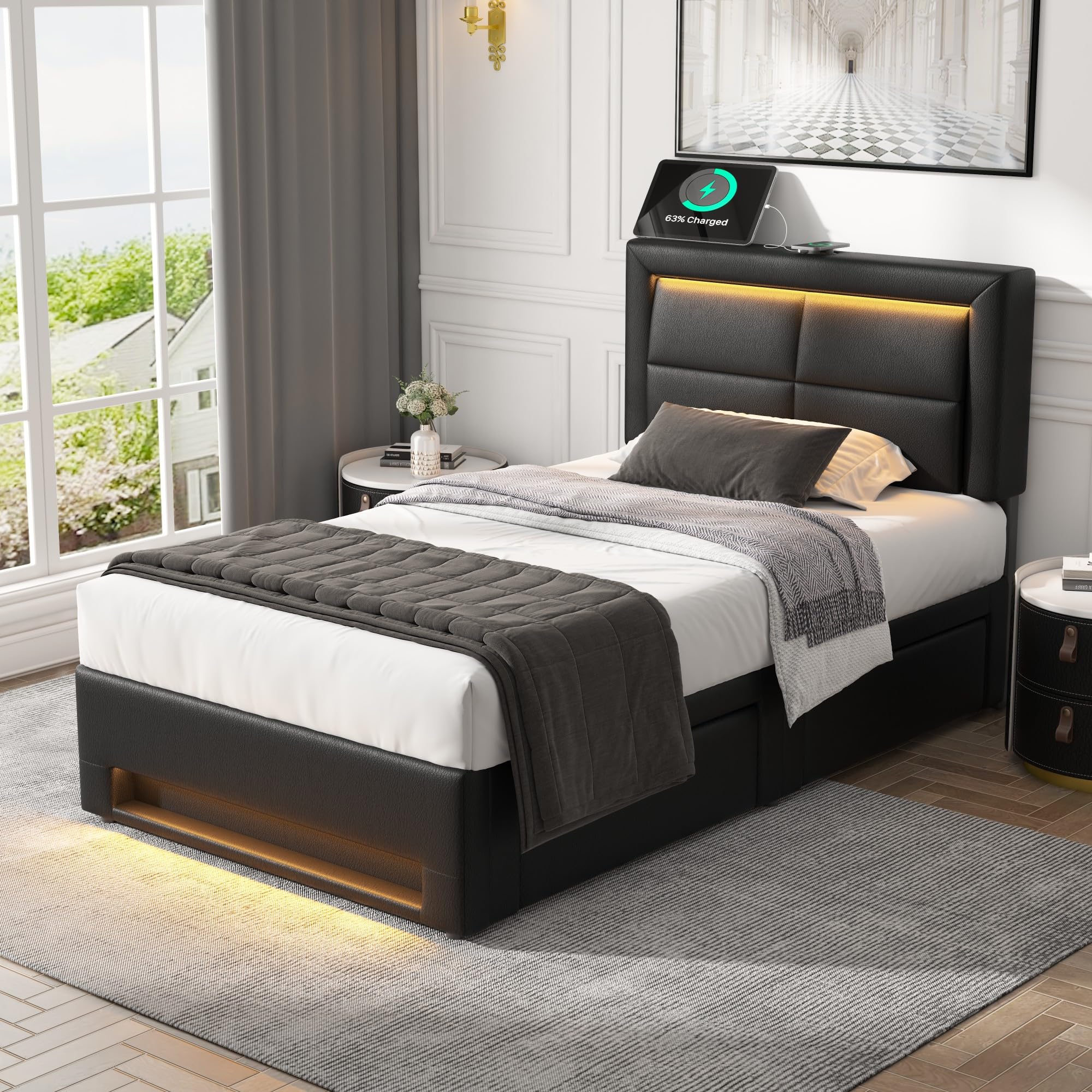Cama 90 x 190 cm con LED y USB (soporta inalámbrica), cama tapizada de 90 x 190 cm con 4 cajones y cabecero, cama individual con somier, cama de almacenamiento, cama juvenil moderna estructura de