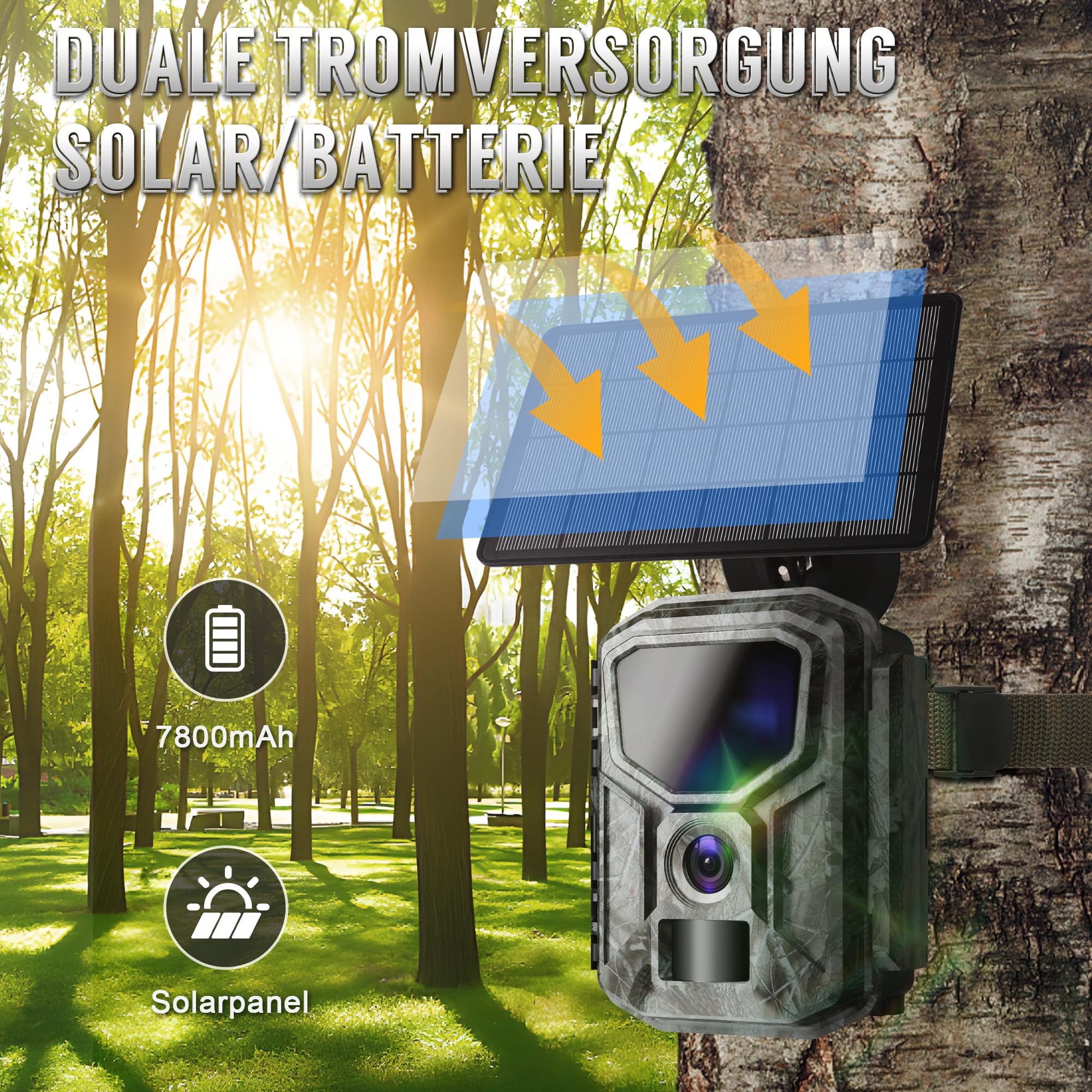 8K Solar Wildkamera mit unbegrenzter kostenloser App, 7800mAh Akku, 850nm Nachtsicht, 0,1S Bewegungserkennung, IP66 wasserdicht, Wildkamera mit 32GB Speicherkarte, Tierkamera | 0,1S Bewegungserkennung, IP66 wasserdicht, Unbegrenzte kostenlose App, Tierkam