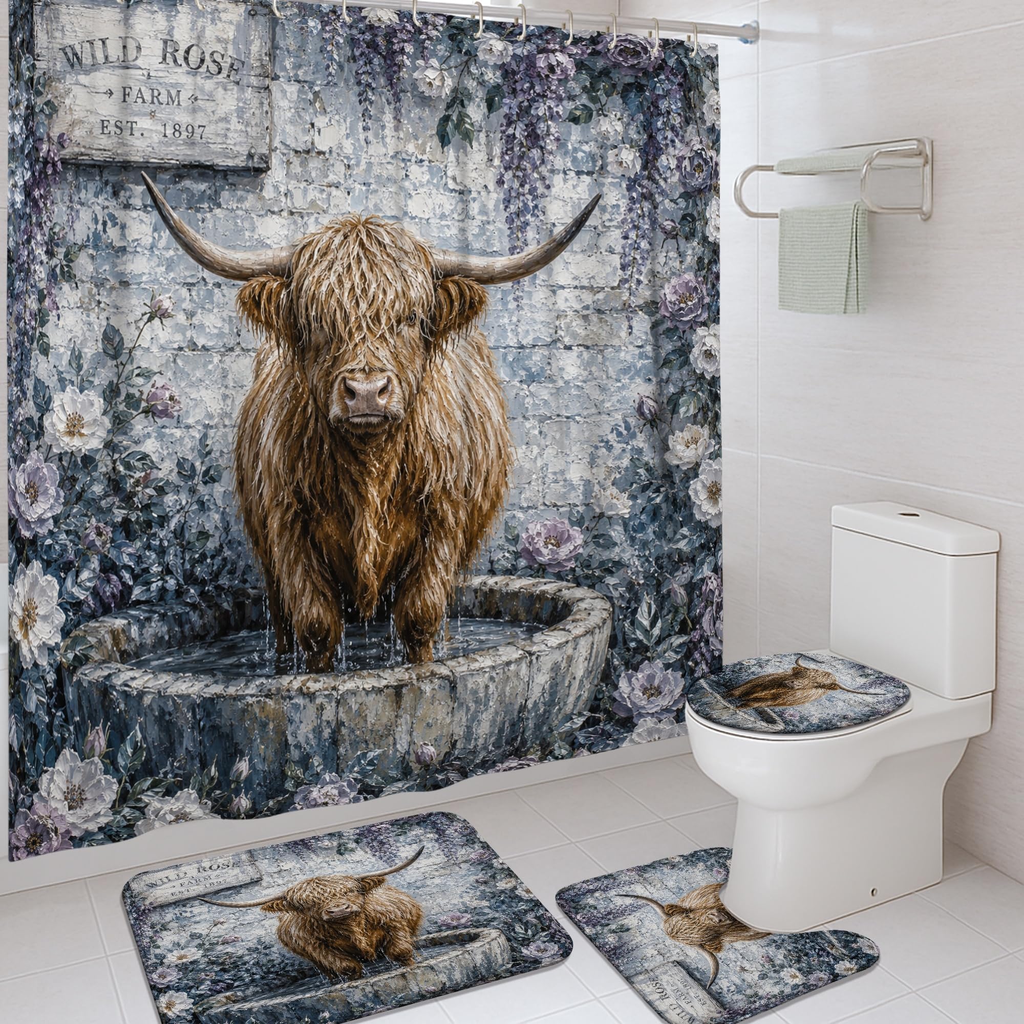 Rideau de douche imperméable vache des Highlands avec tapis de bain