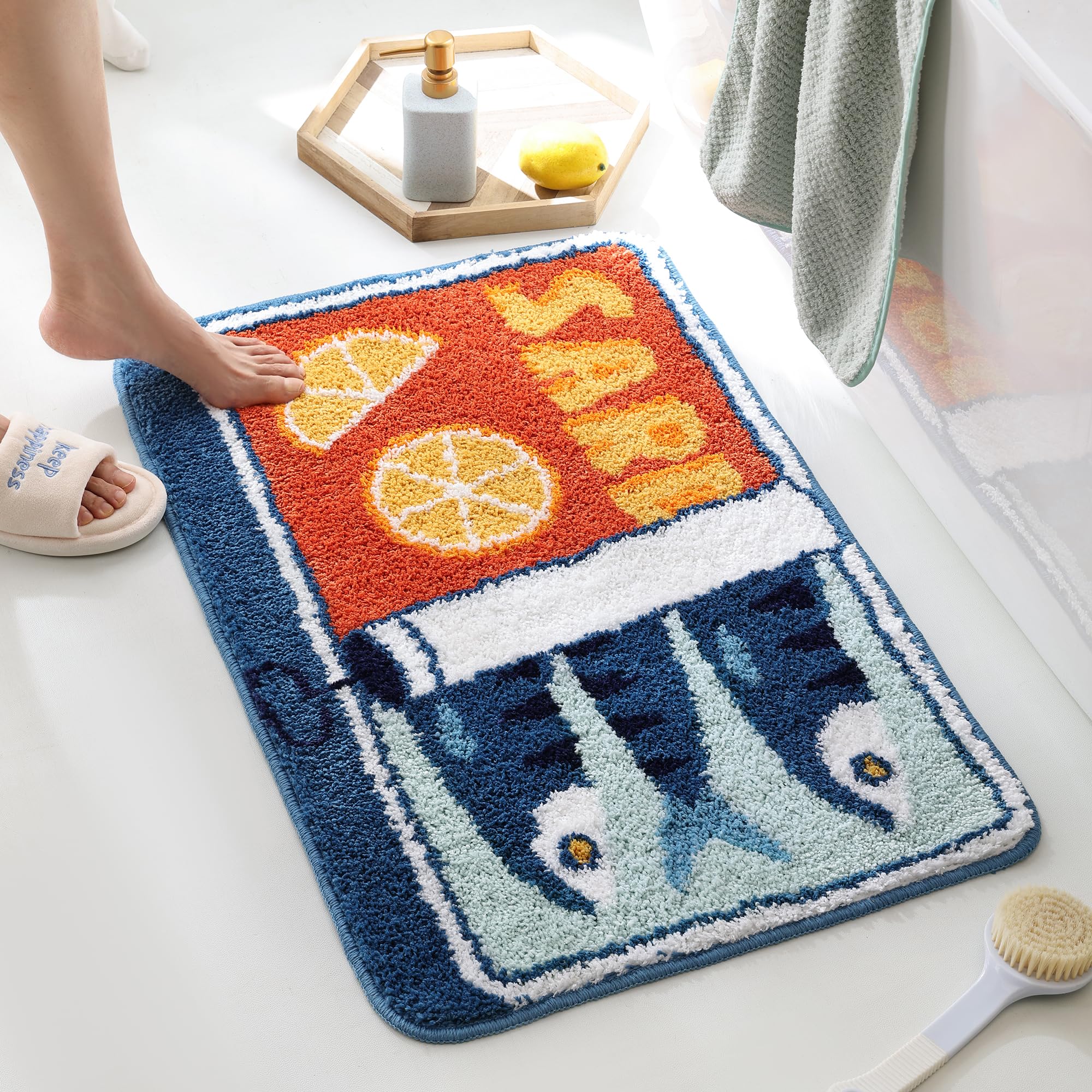 Photo 1 of TRUEDAYS Sardine Can Bath Mat, Blue Bathroom Rugs for Bedroom, Soft Washable Rug Non Slip Cute Kitchen Bath Mats for Bathroom Funny Cartoon Fish and Lemon