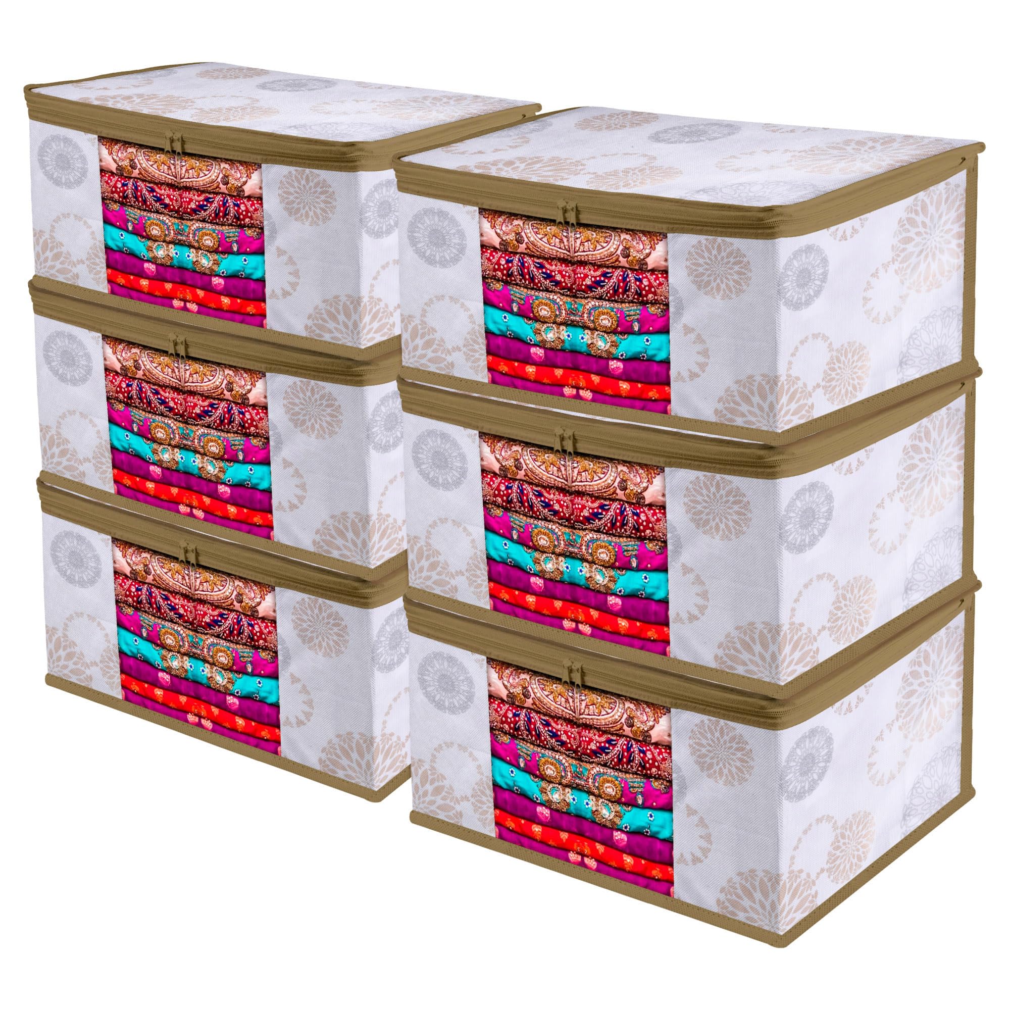 Kuber Industries Pack of 6 Saree Storage Bag | 9 Inch | Cloth Storage Organizer | Clothes Storage Bag | Wardrobe Storage Bag | Visible Window Saree Bag | Gola-Design | White