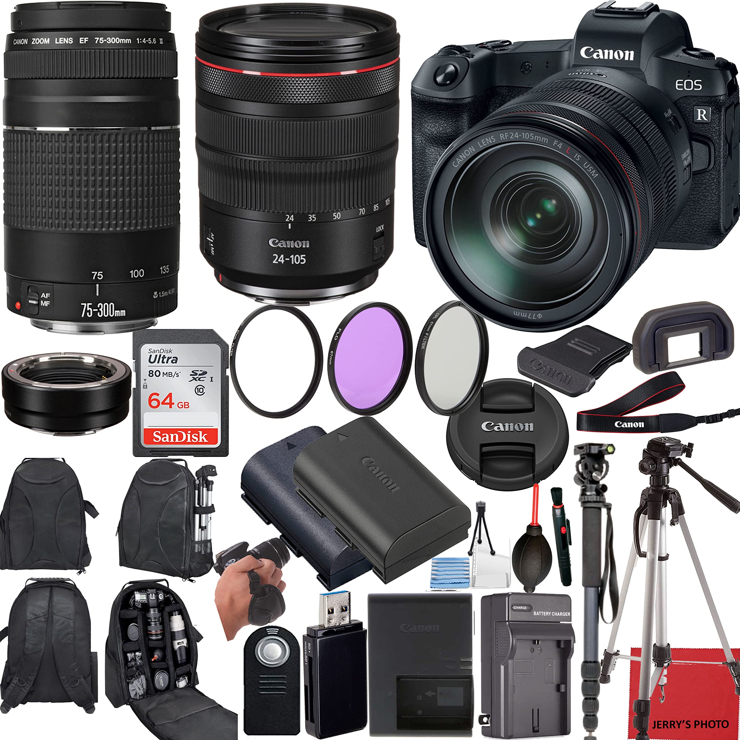 Canon EOS R Mirrorless Camera with RF 24-105mm USM + EF 75-300mm Lens + Mount Adapter + 20 Essential Accessories for Content Creators