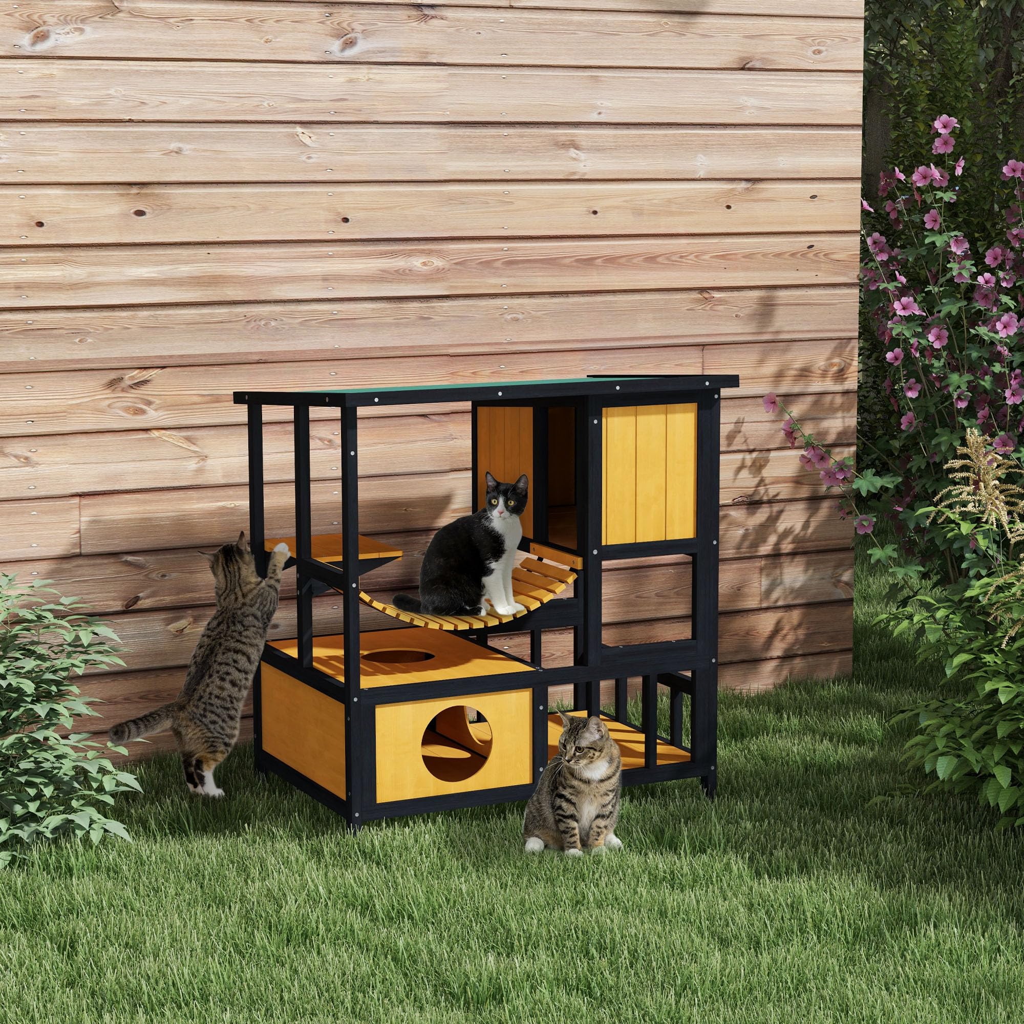 PawHut Katzenhaus aus Holz Wetterfest für 1-2 Katzen 84,5x60x88 cm Gelb | Katzenhöhle für Draußen, Katzenhütte mit Asphaltdach, Hängebrücke, Balkon, Plattform, Schutzhütte, bis 5 kg