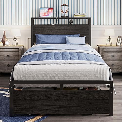 Miniatura 42 de LIKIMIO Base de cama individual con cajón, cabecera de almacenamiento con tomas, no necesita somier, fácil montaje, marrón oscuro Marrón oscuro,Gris