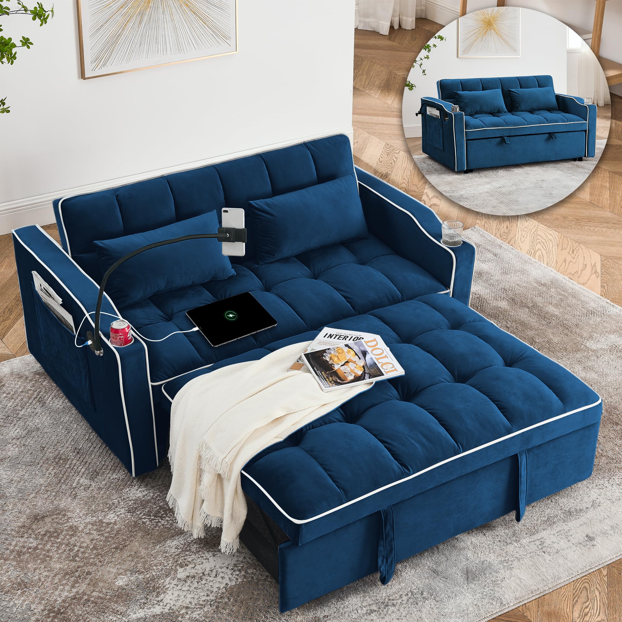 tiramisubest Convertible Sofa Bed, Sleeper Sofa with Side Pocket, Adjustable Backrest, Living Room Sofa with Phone Holder, Pull Out Couch, Loveseat