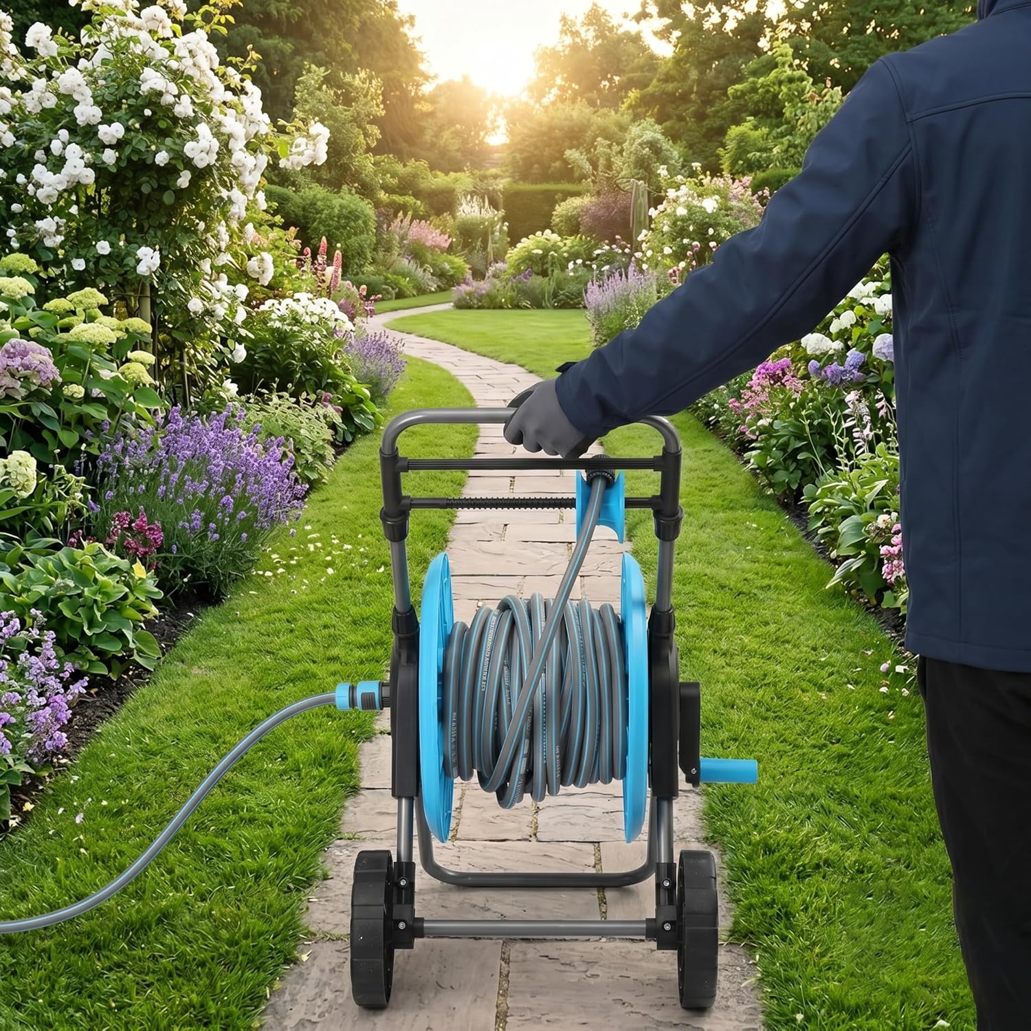 Garden Hose Reel Cart with Wheels, Heavy Duty Water Hose Storage Mobile Reel with Handle and 1.9M Leader Hose, Portable Rolling Hose Organizers for Outdoor Yard Lawn, Gray and Blue