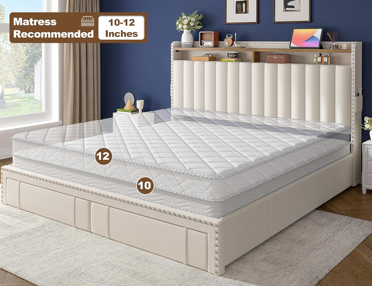 EnHomee King Size Bed Frame, Upholstered King Bed Frame with 4 Storage Drawers & 2-Tier Headboard Shelves, 1200LBS Heavy Duty, No Box Spring Needed, Easy Assembly, Beige